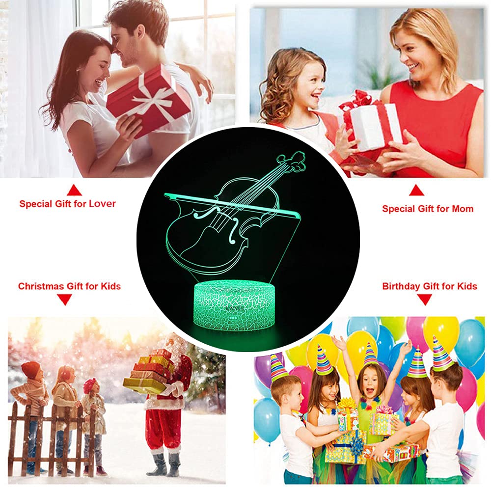 LLUUKK Violin Fiddle 3D Night Light Desk Lamp - 7 Color Touch, USB, Acrylic, White, Model luk020