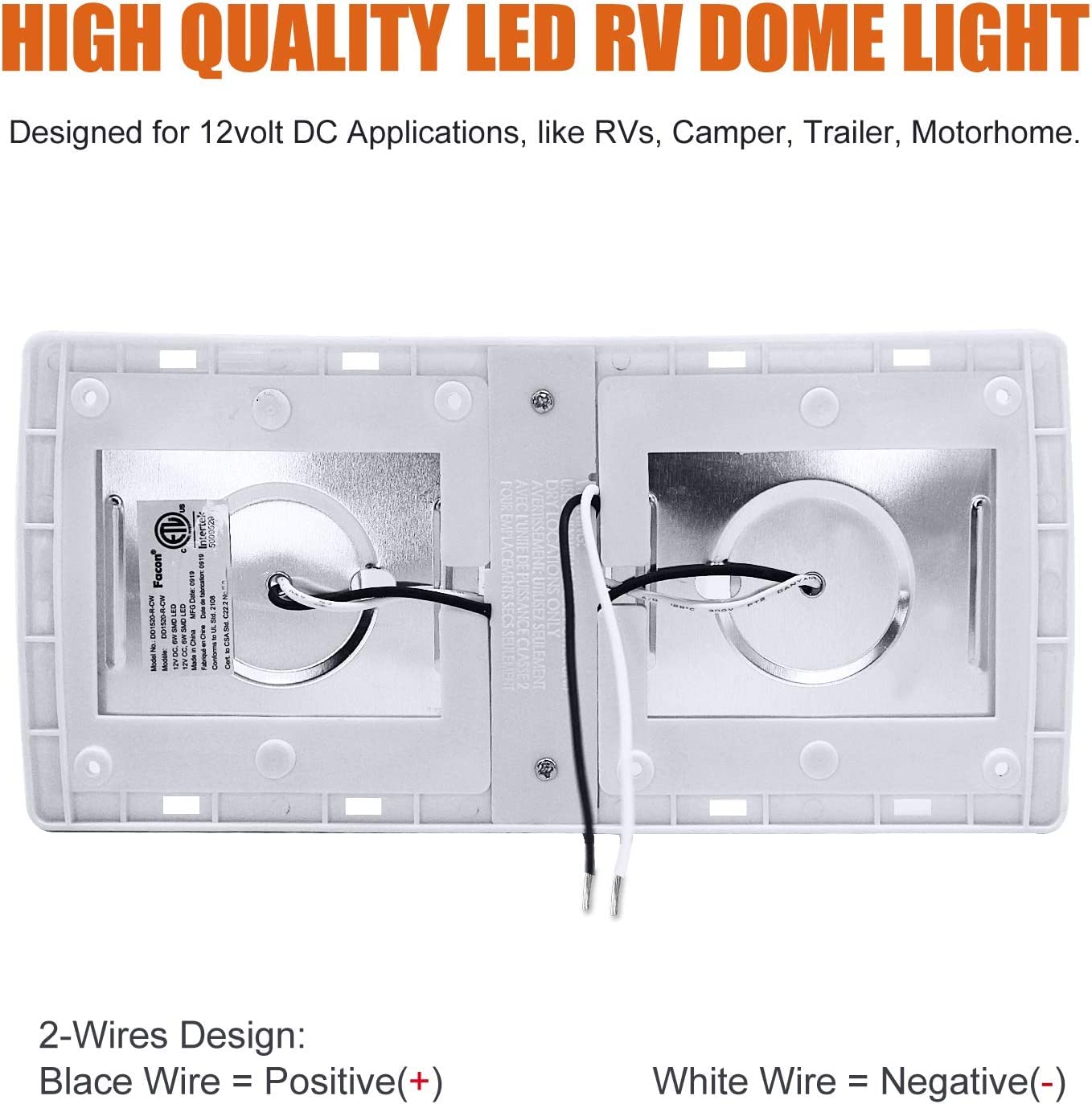 Facon 12V LED RV Ceiling Lights with PIR Sensor, Double Dome, 4000K, L 9in  x W 4in  x H 1in , Model DD1520-PIR