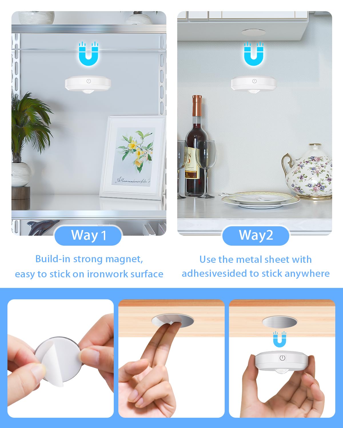 WILLED Rechargeable Puck Lights - Dimmable LED Tap Lights with Remote Control, 3 Color Temps, 6 Pack, White, Model WJP-015