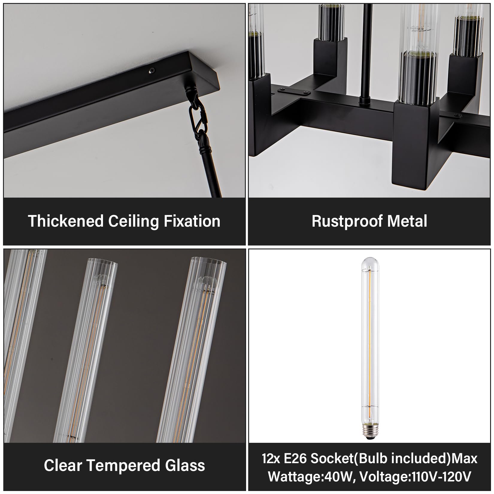 Yuexpand Black 12-Lights Modern Chandelier With Glass Tube, 54''Chandeliers Rectangular Luxurious Large Chandelier Fixture Ceili