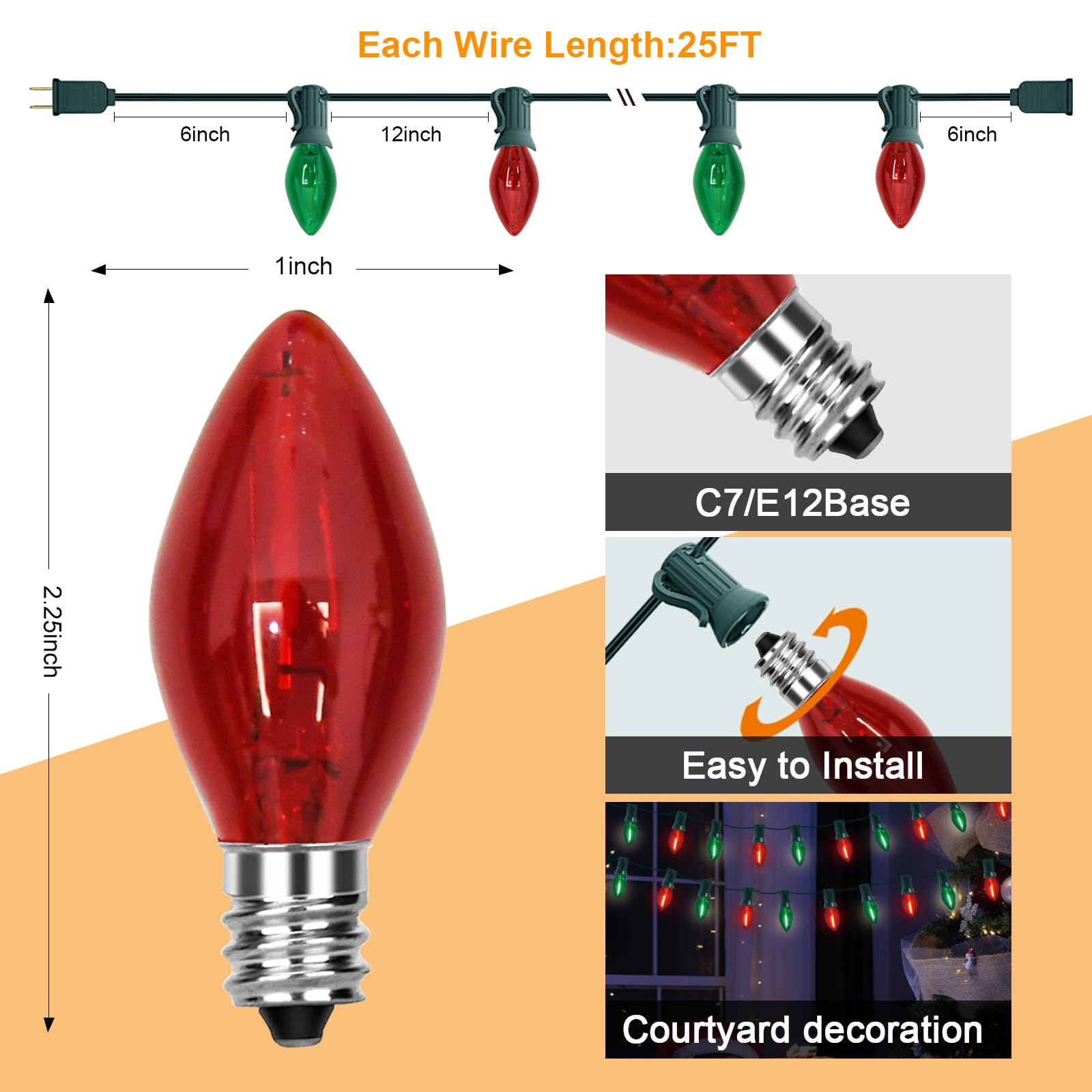 C7 Led Christmas Lights Multicolor 25Ft Outdoor Christmas Decoration Lights With 27 Red Green Led Bulbs, Vintage Christmas Light