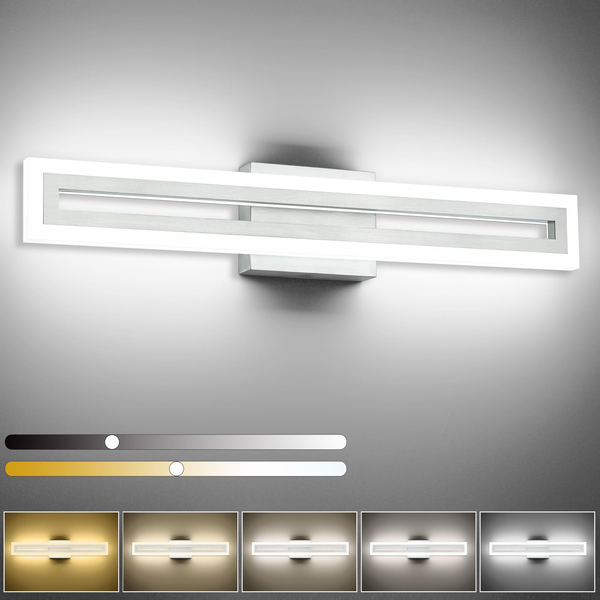 SOLFART Brushed Nickel Vanity Light 5CCT Dimmable 24 Inch LED Aluminum 5 Color Adjustable