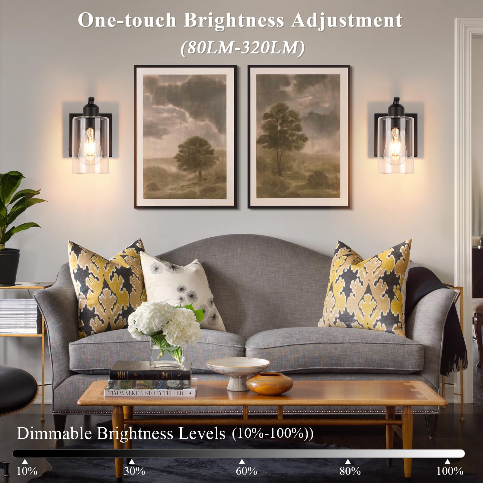 BELS Wall Sconces Set of 2, 8 Inch Dimmable Black Iron Fixtures with Clear Glass, Remote Control, Model VL-1195WT-BK-2P