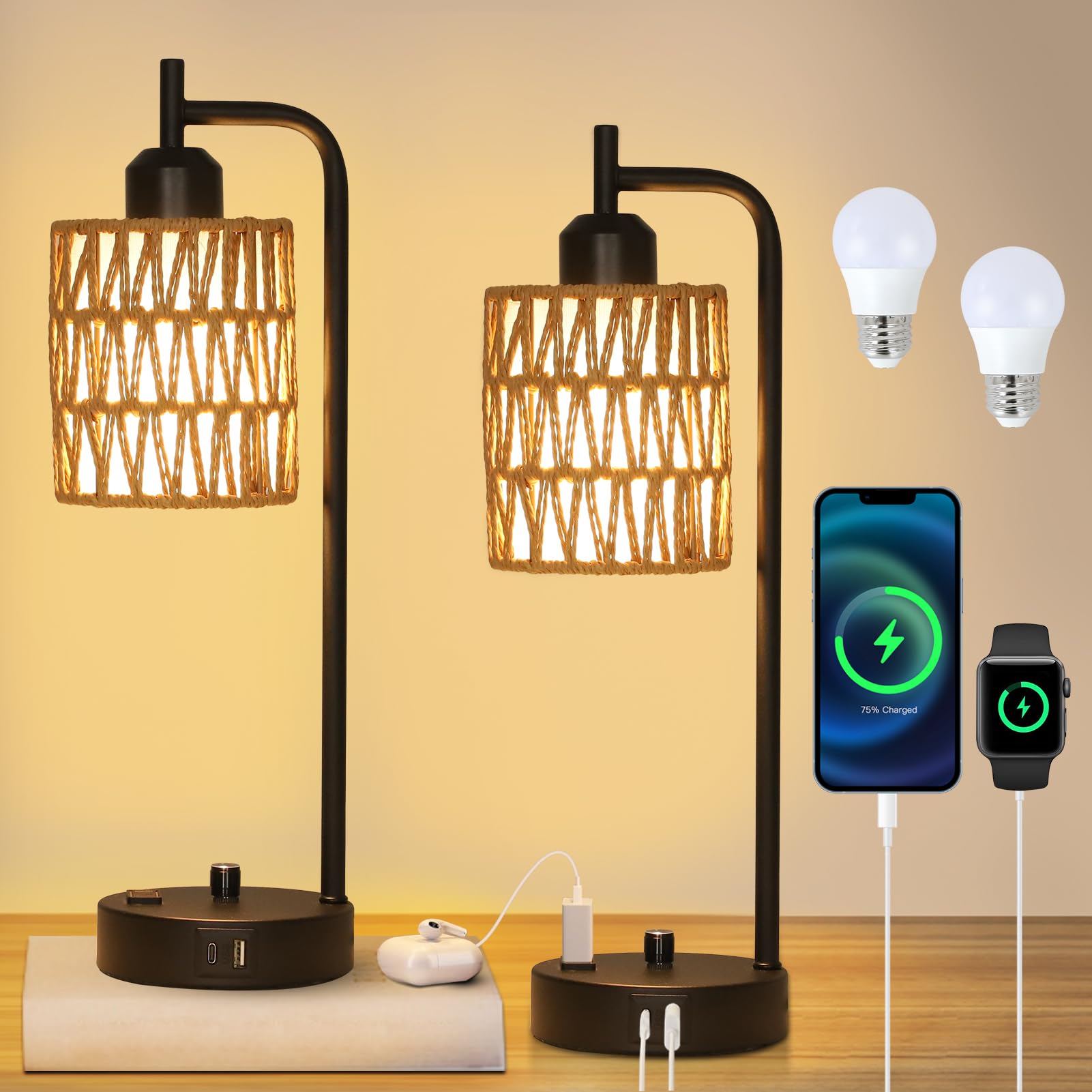 Stepeak Rattan Table Lamps For Living Room Set Of 2, Boho Bedside Lamps With Led Bulbs, Usb Charging Ports And Outlet, Farmhouse Nightstand Lamp With Woven Shade, Black Desk Lamp For Bedroom Office