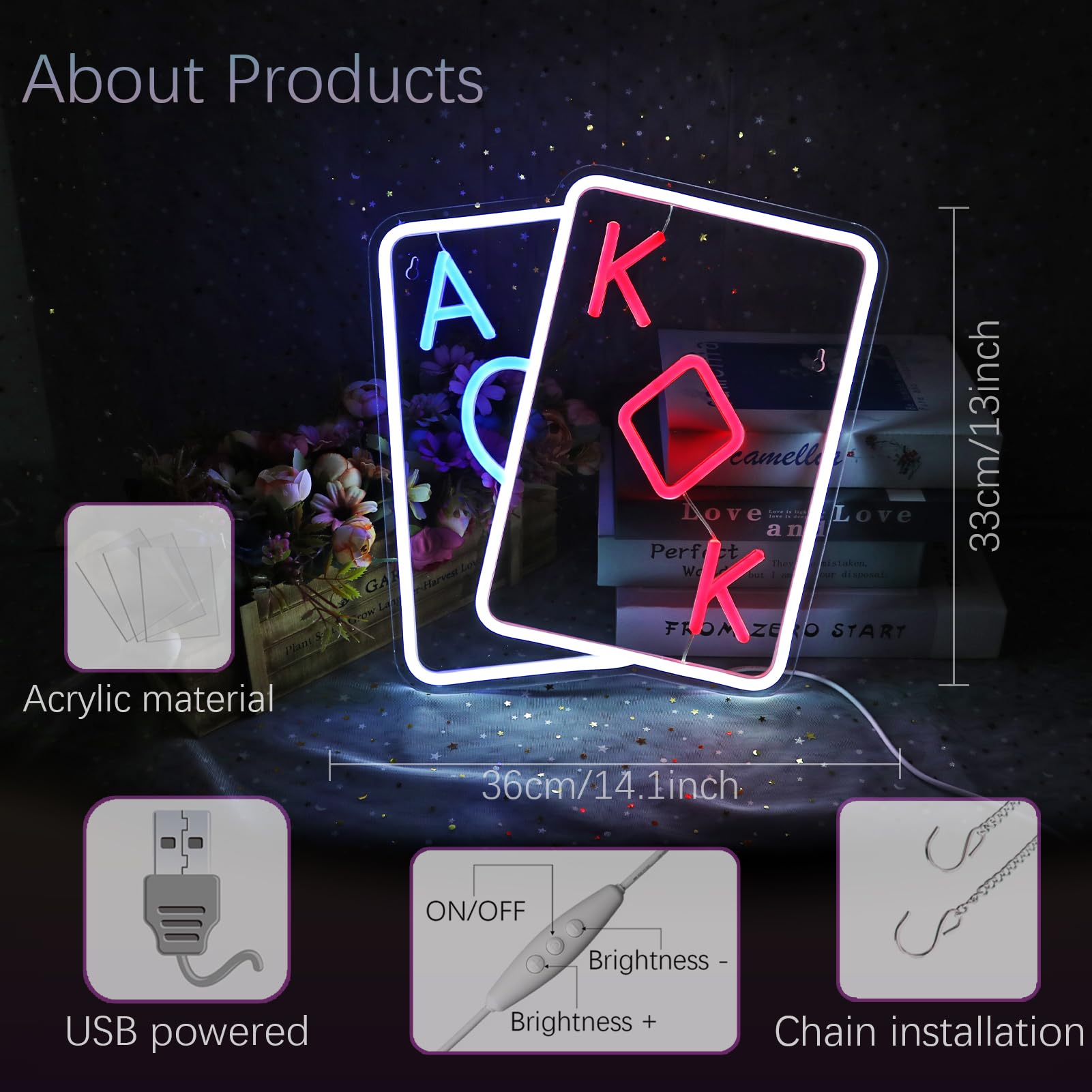 Generic board-style Neon Sign - Dimmable USB Power, Acrylic Material, 14.1inx13in, Red Blue Color, board-style Theme Decor