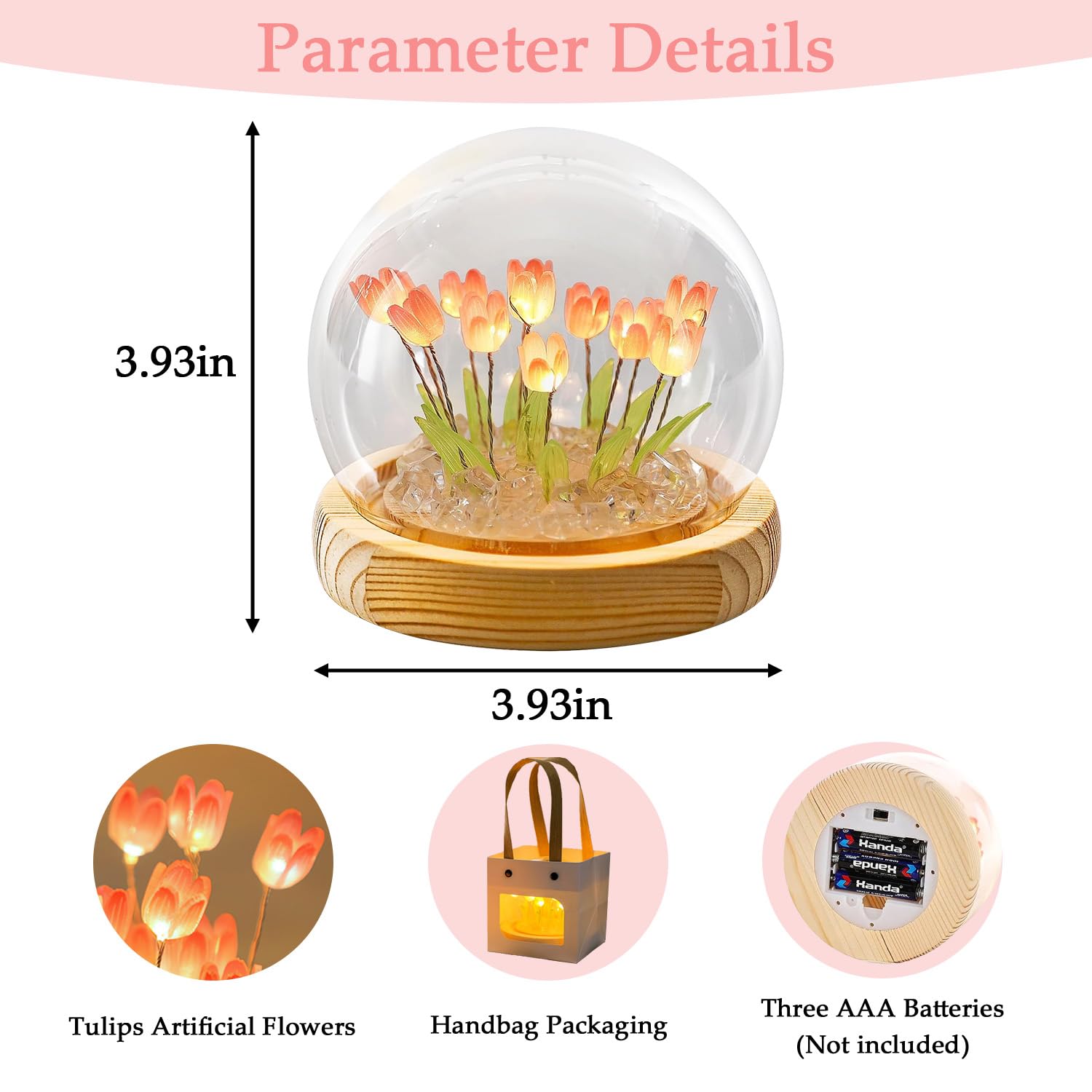 Lifnatty Tulips Lamp - Artificial Pink Tulip Night Light in Glass Dome, Unique Gifts for Women, Mom, Sister, Friends, Cute Home Decor