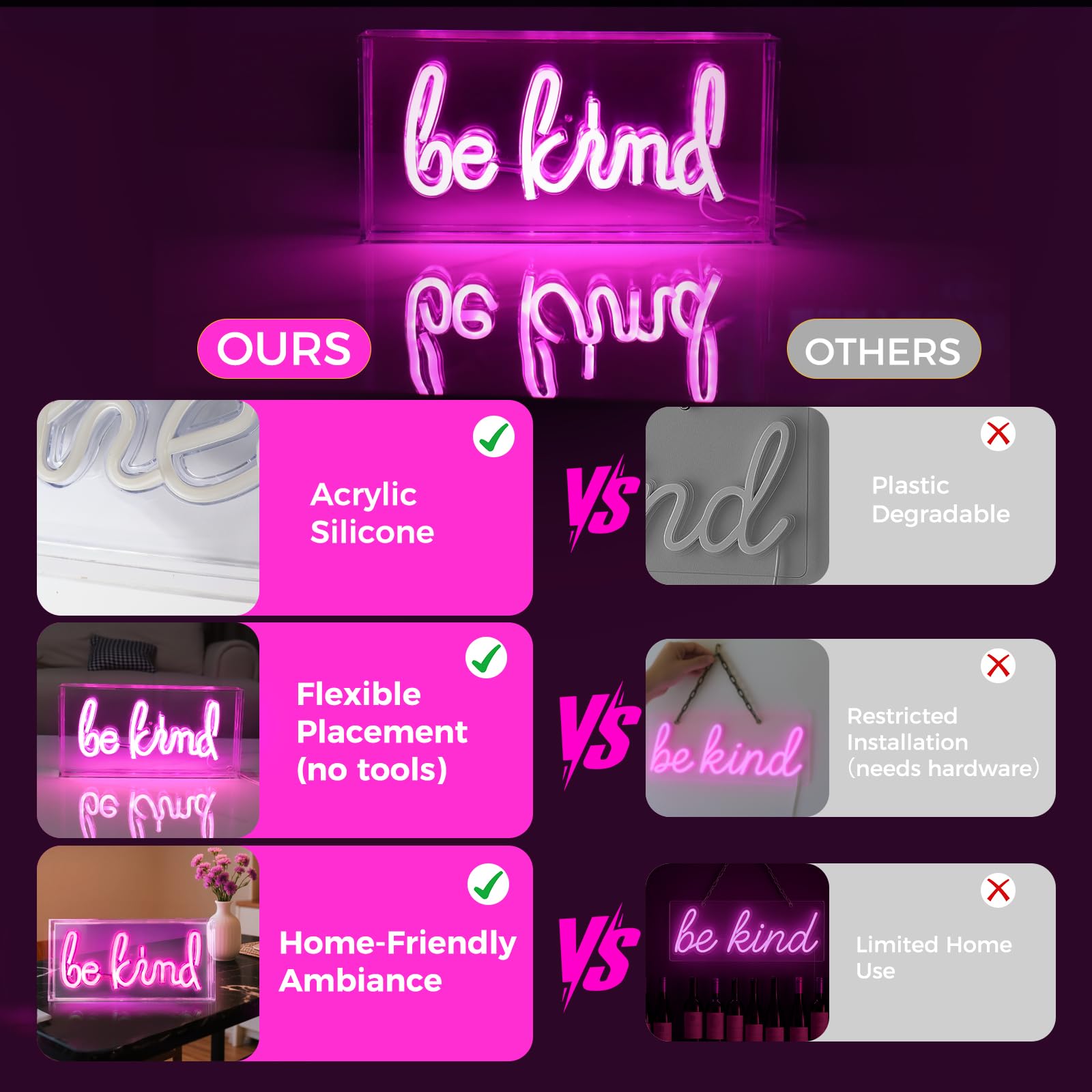 HOSITARK Be Kind Neon Sign Desk Lightbox USB LED Acrylic Pink Model HTK-Be Kind-Pink