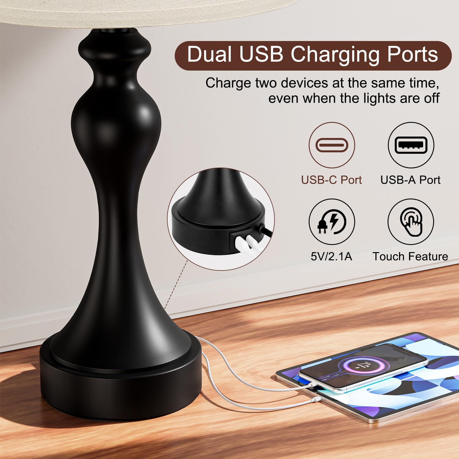 Seealle Touch Lamps Set of 2 - 3 Way Dimmable, USB C+A, Light Oat Shade & Black Base, LED Bulbs Included, Model 07021