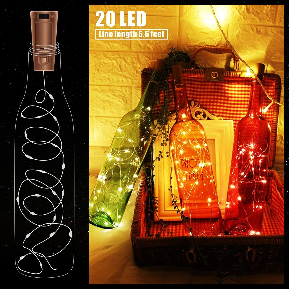 Fensty 30 Pack Wine Bottle Lights With Cork - Cork Bottle Lights Battery Operated 6.6Ft Silver Wire 20 Leds Fairy Lights For Christmas Diy Party Decor Wedding (Warm White 90 Additional Batteries)