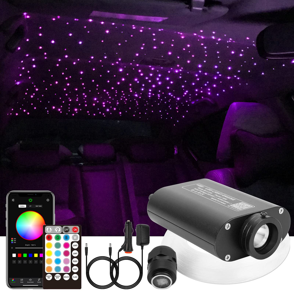 Chinly 16W 550Pcs 13.1Ft 0.03In Bluetooth App/Remote Rgbw Led Fiber Optic Star Ceiling Lights Kit +Adapter+Cigarette Lighter For Car/Home Theater