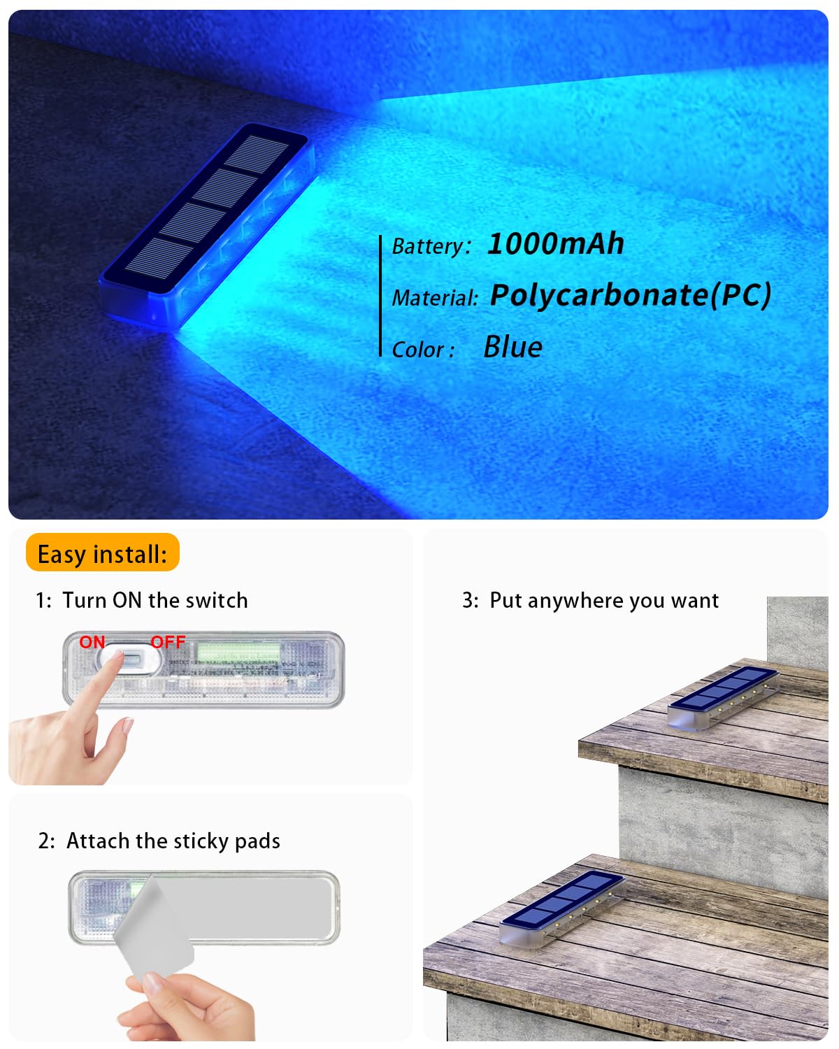Detarzinled Blue Solar Lights For Outside,8 Pack Solar Deck Lights Outdoor Waterproof Led,Blue Step Light For Outside,Dock Light