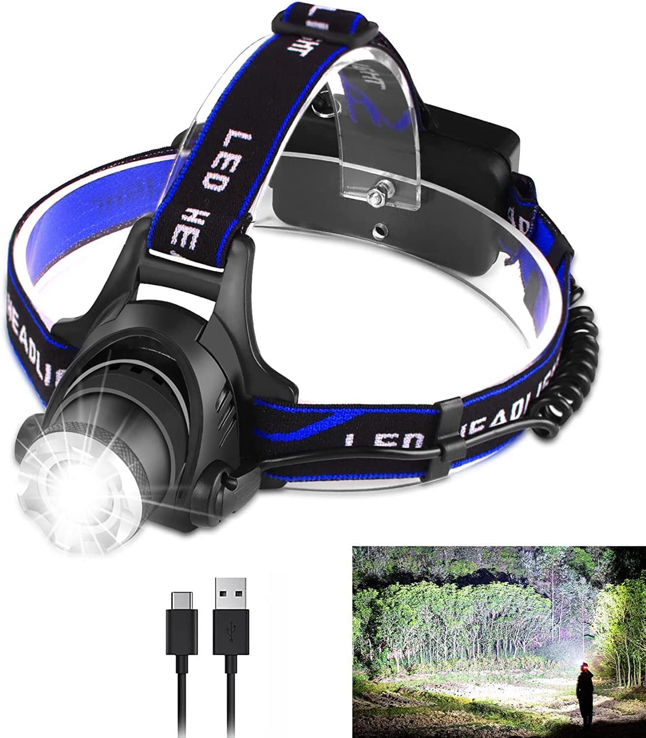 Led Headlamp Usb Rechargeable, Head Lamp Super Bright 1000 High Lumen With 3 Modes, Zoomable, Waterproof Headlight For Camping H