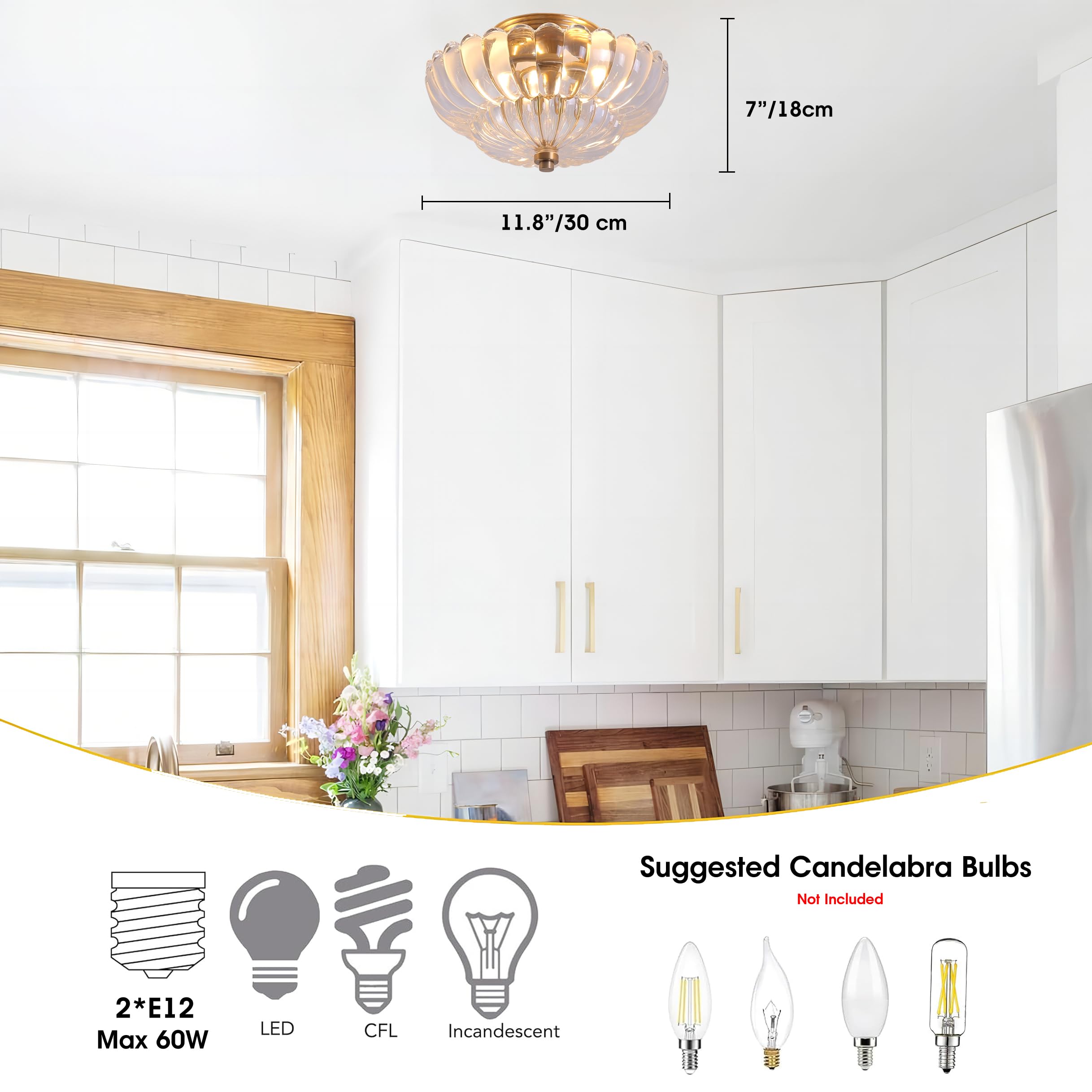Semi Flush Mount Ceiling Light, Scalloped Clear Glass Close To Ceiling Light Fixtures With 2 Lights, Gold Vintage Light Fixtures