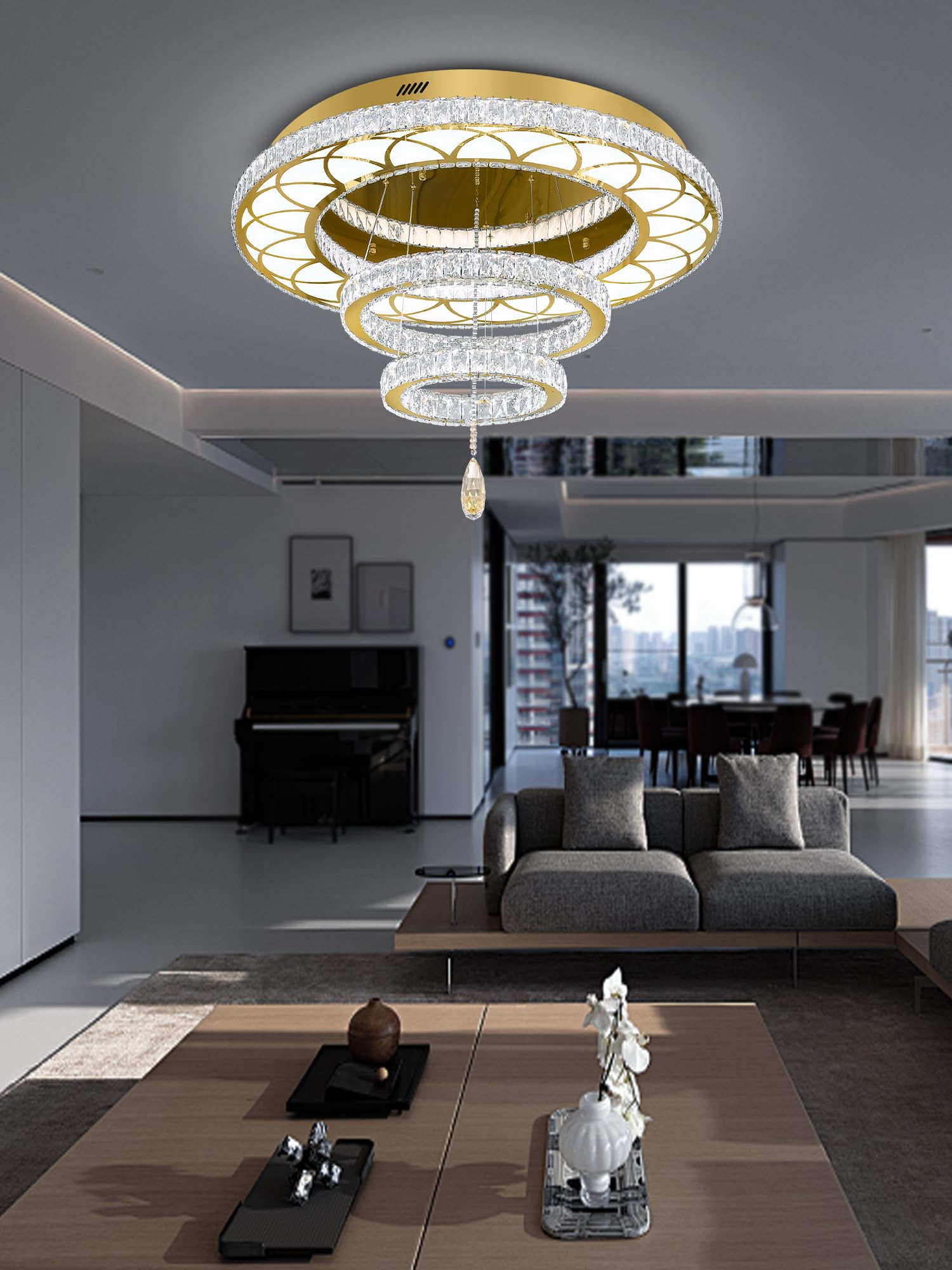 Flashing God 32" Modern Crystal Chandelier LED Flush Mount Light - Gold Finish, Dimmable 2700k/4500k/6000k, Ideal for Living Room & Bedrooms