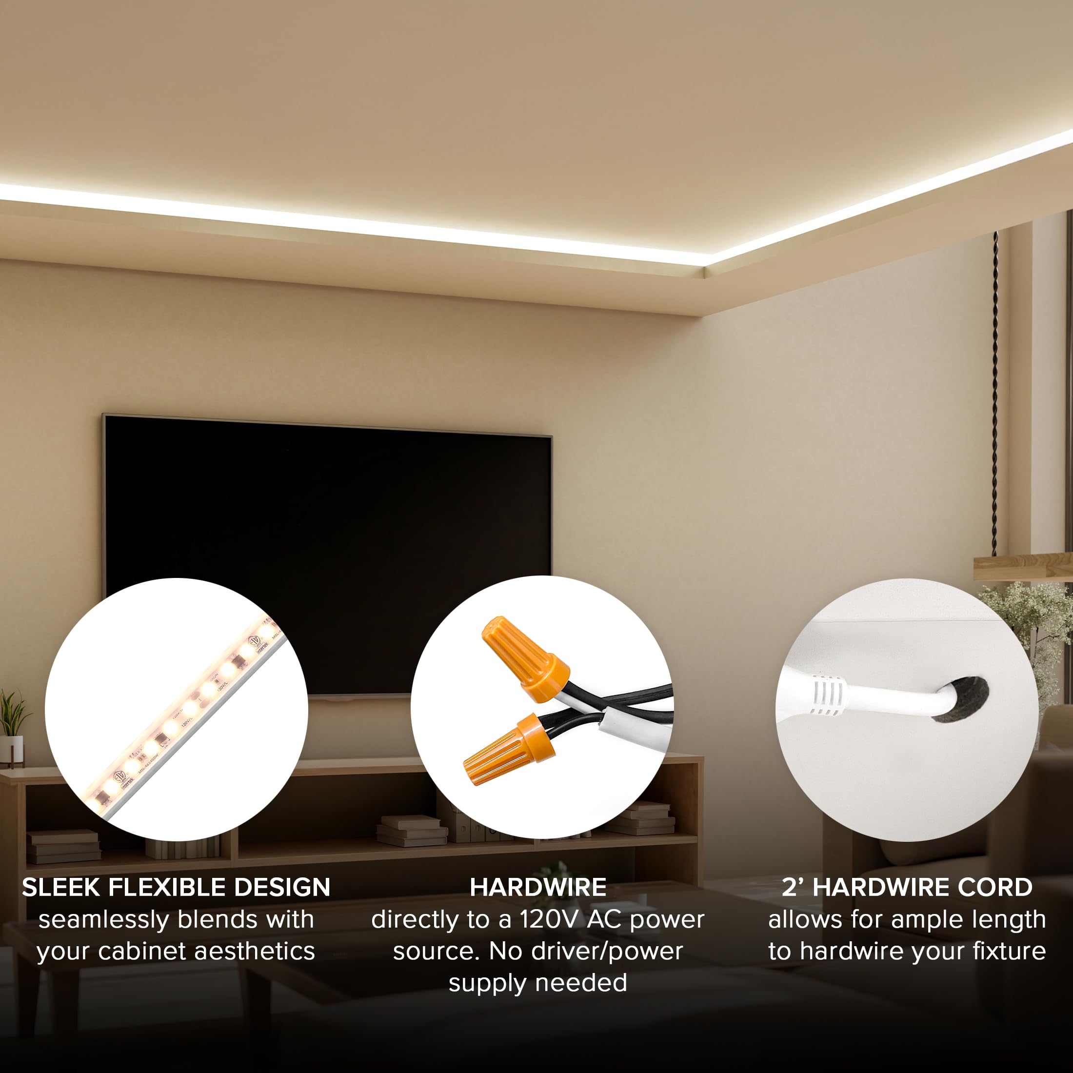 Maxxima 84 In. Hardwired Led Under Cabinet Strip Light, 3220 Lumens, 3000K Warm White, Kitchen And Living Room 120V White Cove L