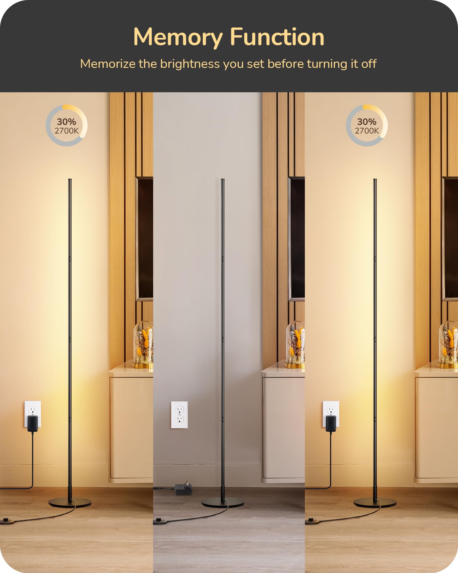 EDISHINE Dimmable Corner Floor Lamp, 3 Color Temperatures, 57.5in Aluminum, Black