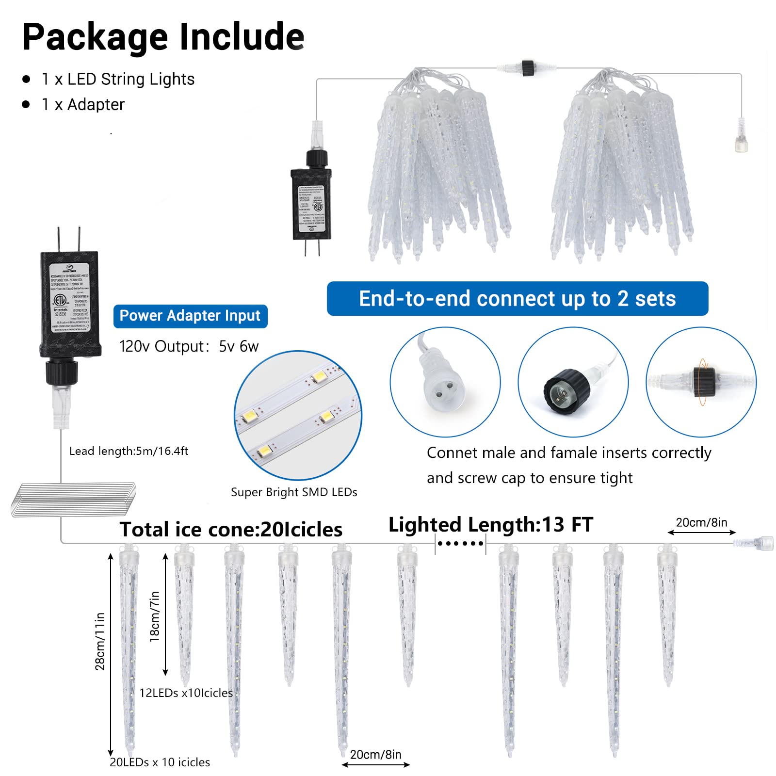 Joomer 13Ft 320 Led Meteor Shower Christmas Lights - 20 Connectable Dripping Icicle Lights For Outdoor Home Xmas Decoration, Tim