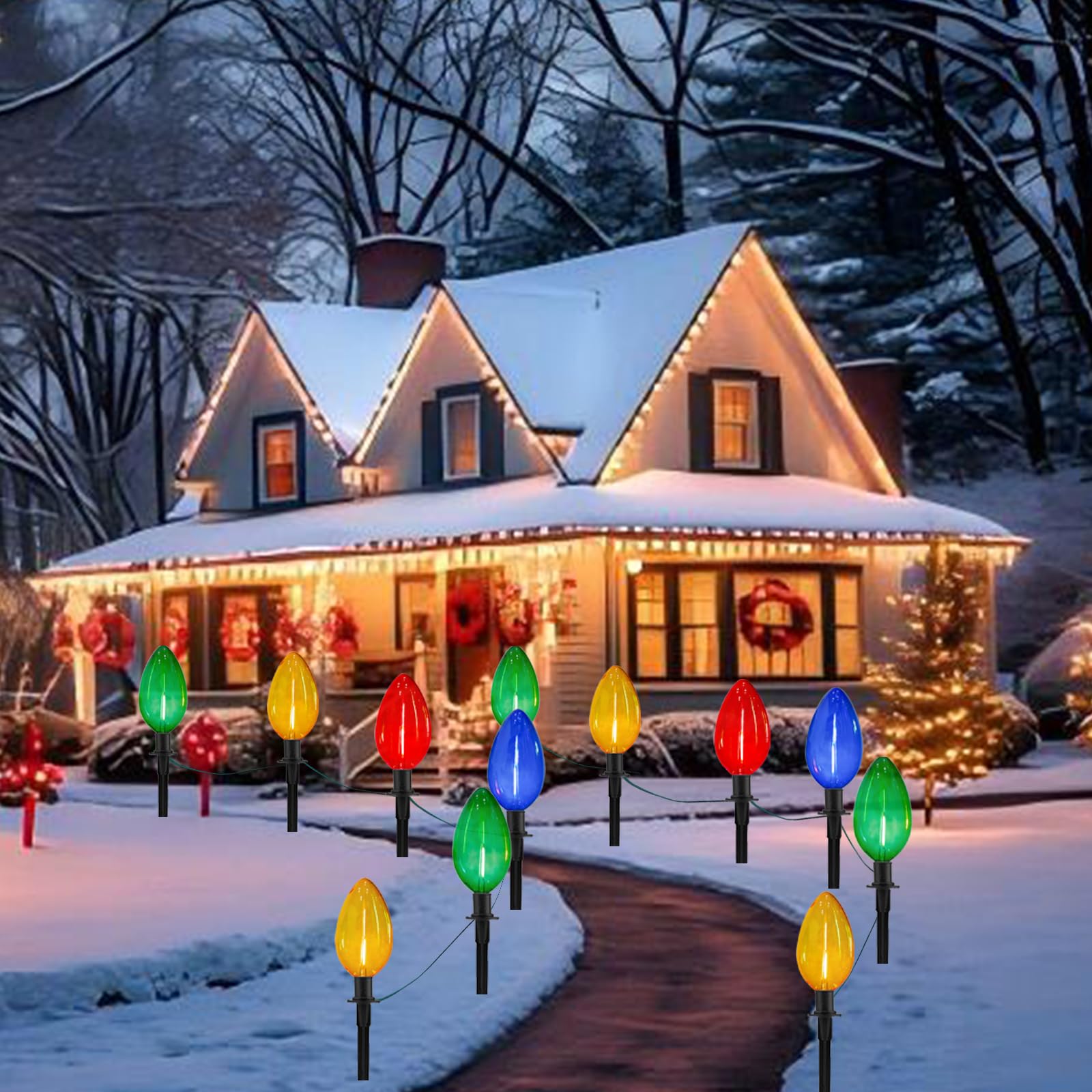 Egcol Jumbo C9 Christmas Pathway Lights Outdoor - 2 Pack Total 14 Ft 8 Led C9 Giant Clear Multicolor Christmas Walkway Lights Fo