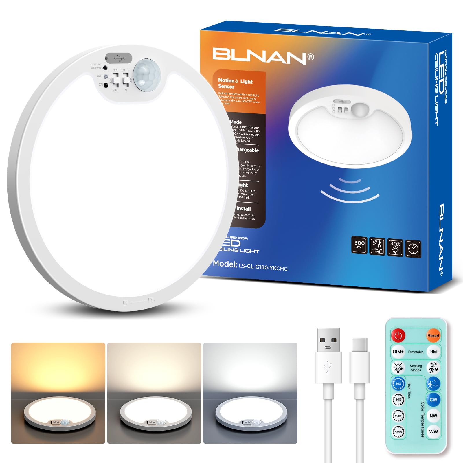 BLNAN Rechargeable Motion Sensor Ceiling Light with Remote, Dimmable Closet Light, LED Shower Lights, Waterproof Battery Operate