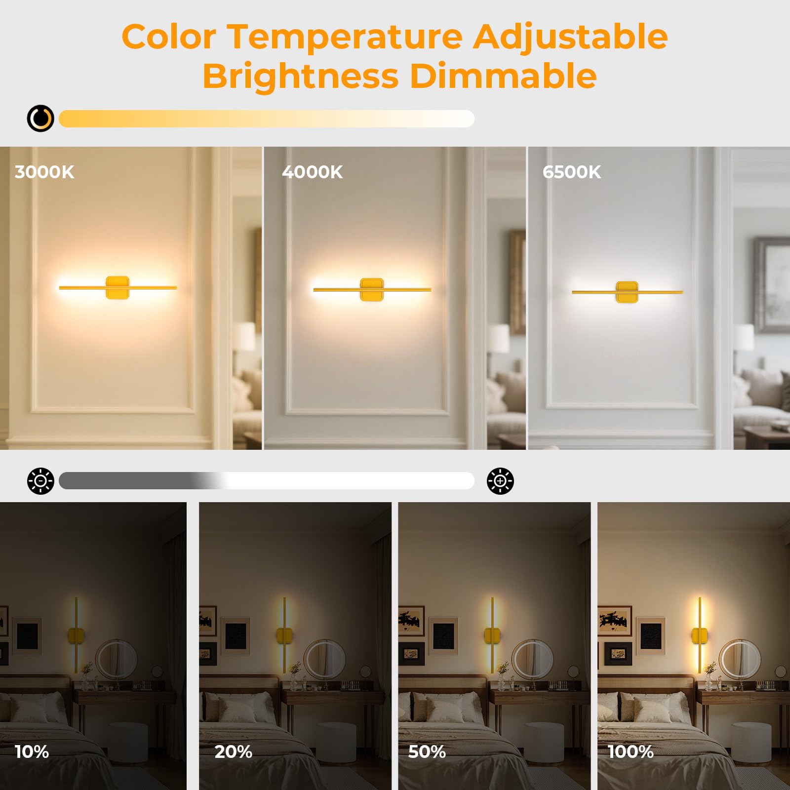 GvvooHome Battery Operated Wall Sconces, 2 Pack, 3000-6500K Dimmable, Remote Control, Gold Metal, Model HCP042