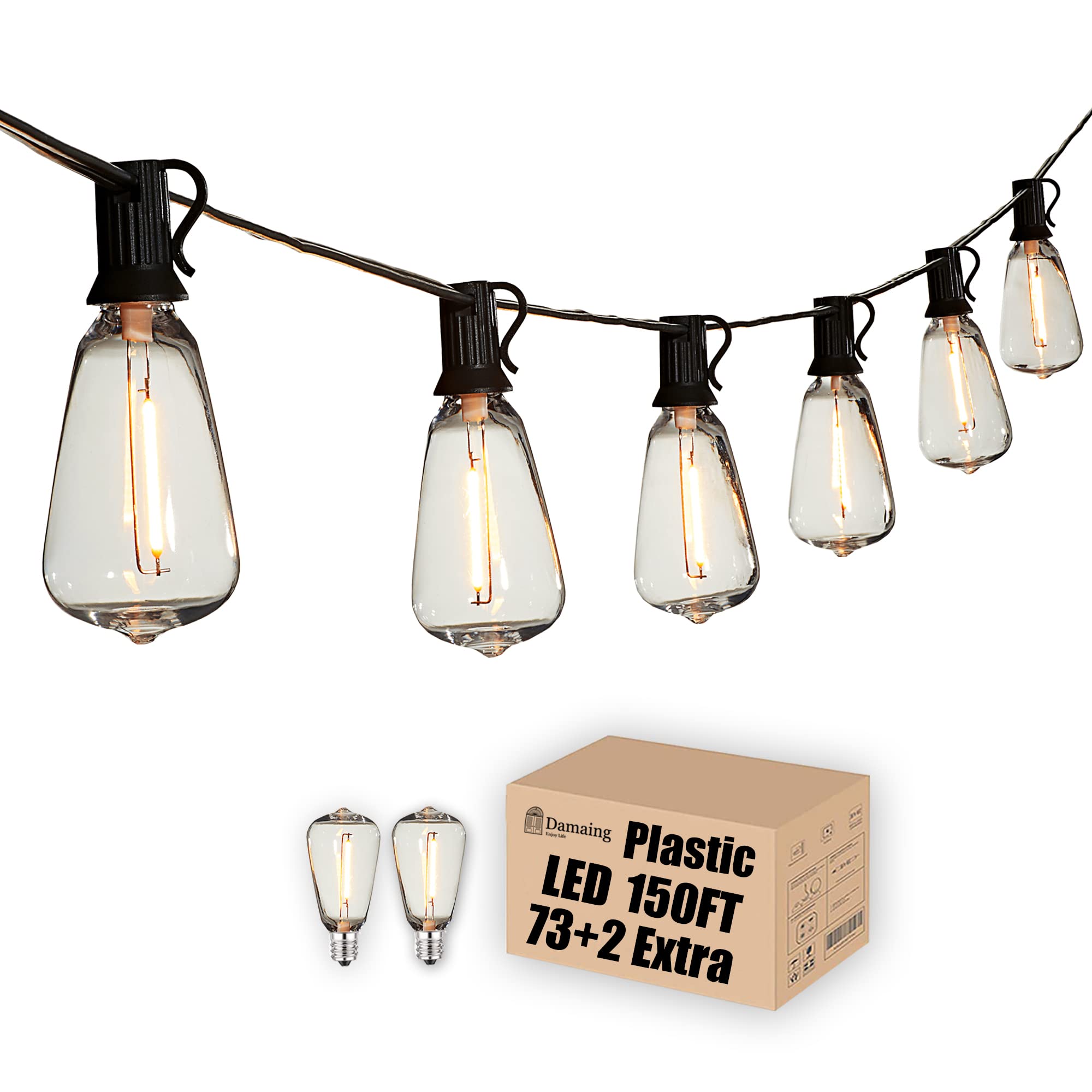 DAMAING Outdoor String Lights 150 FT with 75 Dimmable ST38 Bulbs, Black Plastic, Waterproof, Vintage Edison Style