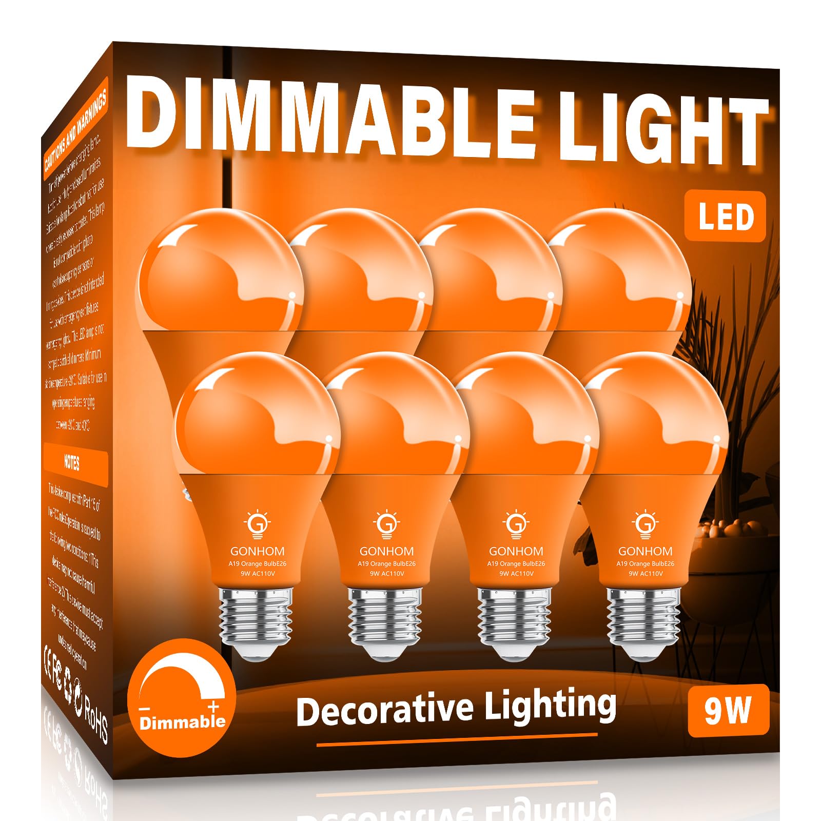 Gonhom 8 Pack A19 Orange Led Bulbs, 9W Equivalent To 100W, E26 Base For Halloween &