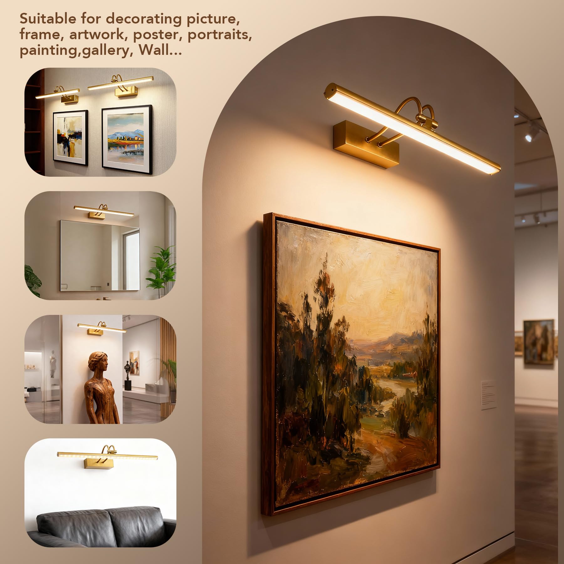 RAIFOOLLY Picture Light, 16in Wireless Wall Lighting, Dimmable Remote Art Light, Brass, Model RF00181