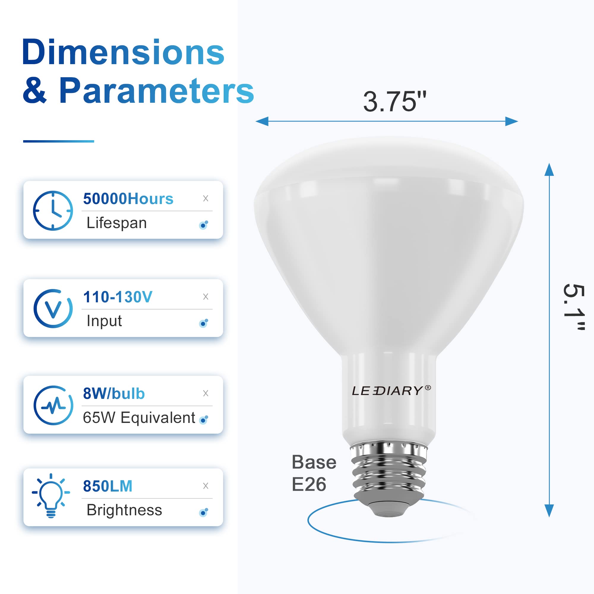 LEDIARY 12-Pack BR30 LED Recessed Light Bulbs, ETL Listed LED Bulb for Cans, Dimmable, 5000K Daylight, 8W=65W, 850LM Indoor Floo