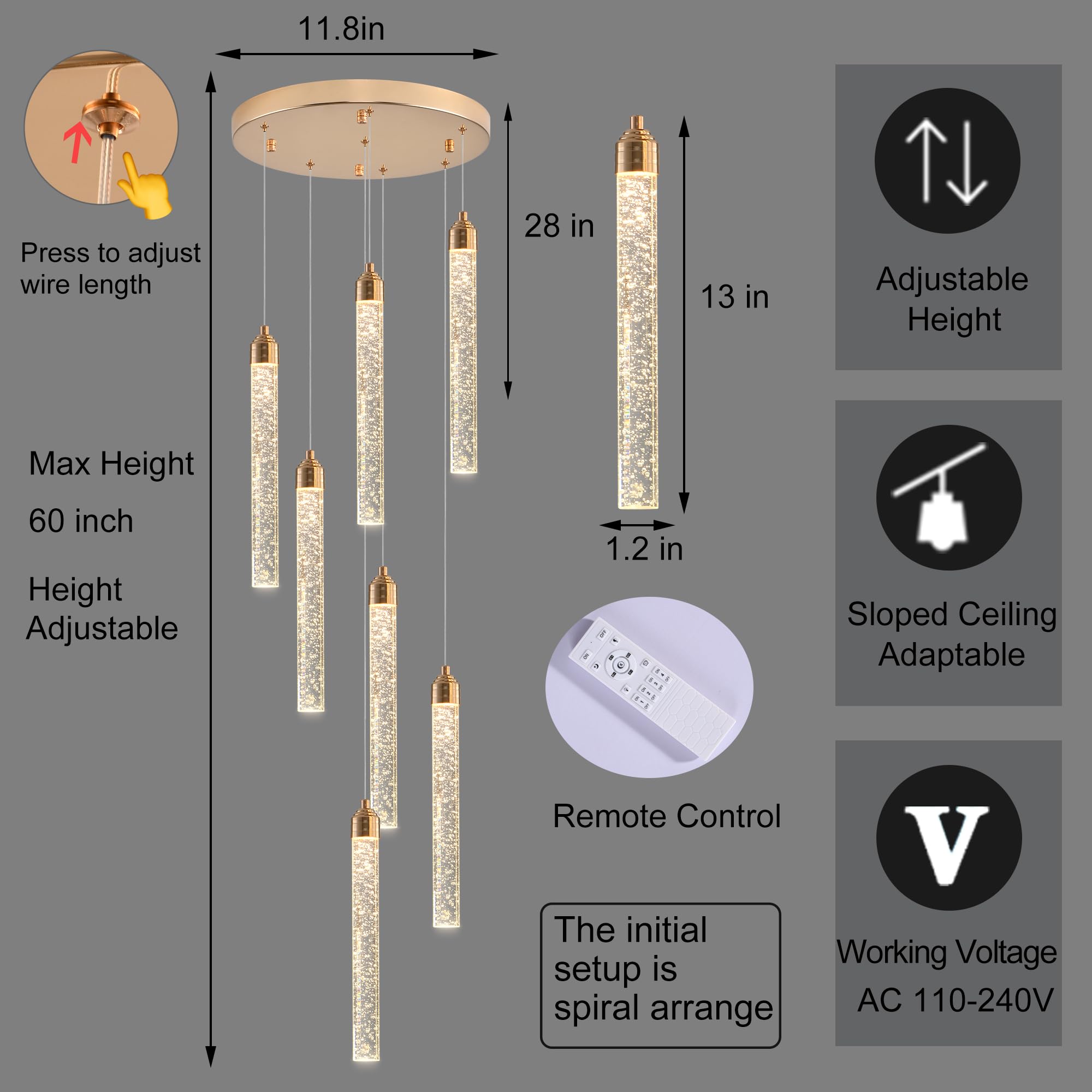 YwueChwu 7-Light High Ceiling Crystal Staircase Chandelier Gold, Modern Spiral Raindrop Dimmable LED Bubble Cluster Ceiling Hang