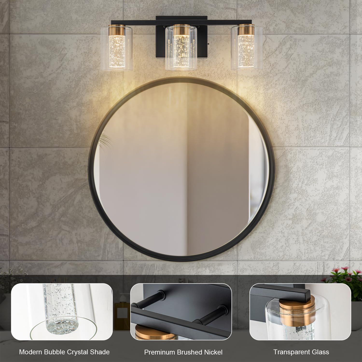 Sinerise 3-Light Black And Gold Vanity Light With 3 Color Modes (3000K/4000K/6000K), Eye Protection Led Bathroom Light Fixture,