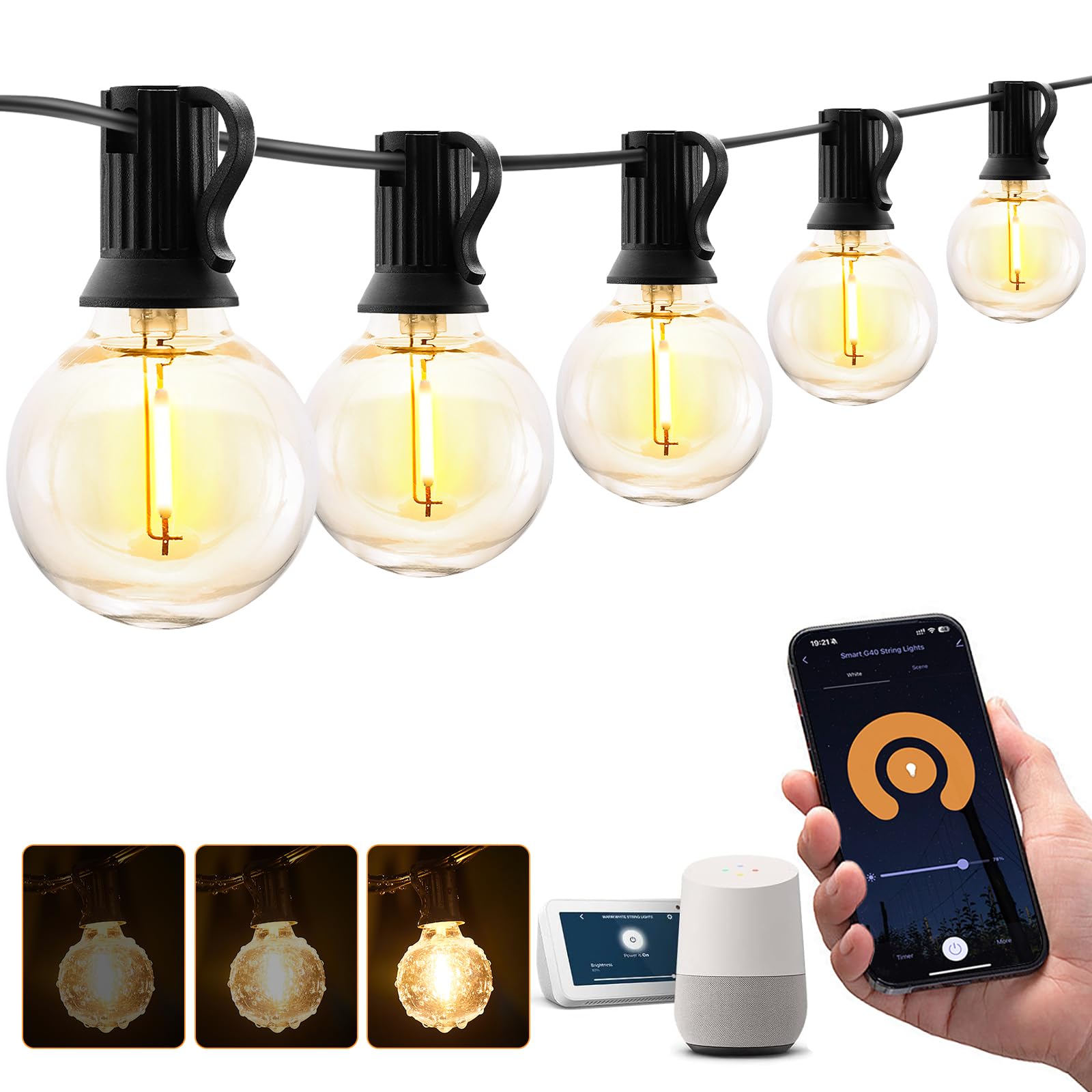 XMCOSY+ Outdoor String Lights, Smart Patio Lights 100Ft Dimmable Outdoor Lights Warm White, 50 G40 LED Bulbs, WiFi String Lights