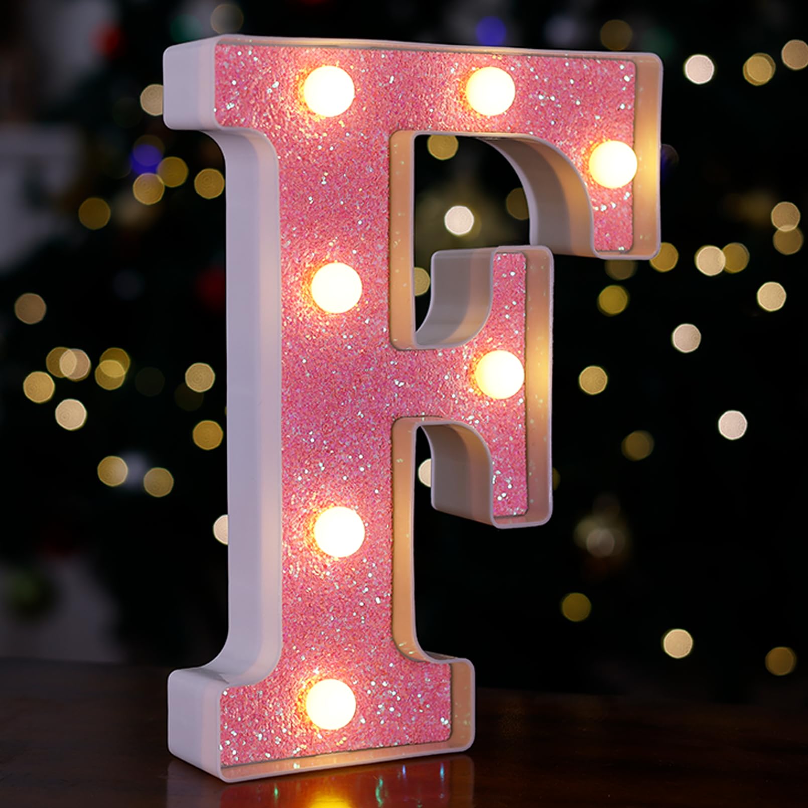 TRONSBOO LED Letter Light - Pink Glitter Marquee Sign, Battery Powered, 6.38inx8.58inx1.57in, Model Pink-Light-F, Home Party Decoration