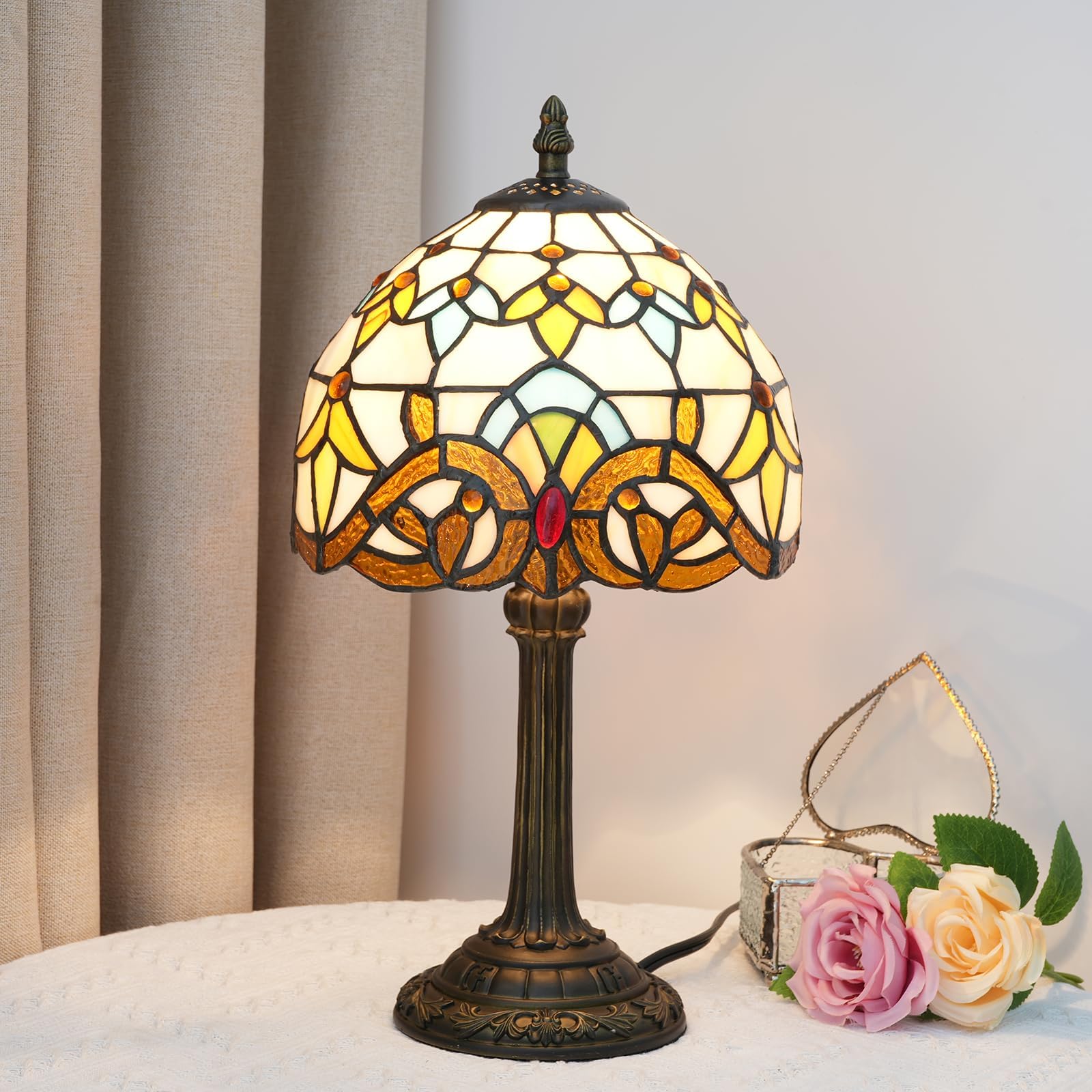 Wecrejoni Tiffany Lamp Stained Glass Lamp Small Bedside Table Lamps For Living Room Bedroom Dorm Kitchen Home Decor Festival Birthday Gift Yellow Baroque