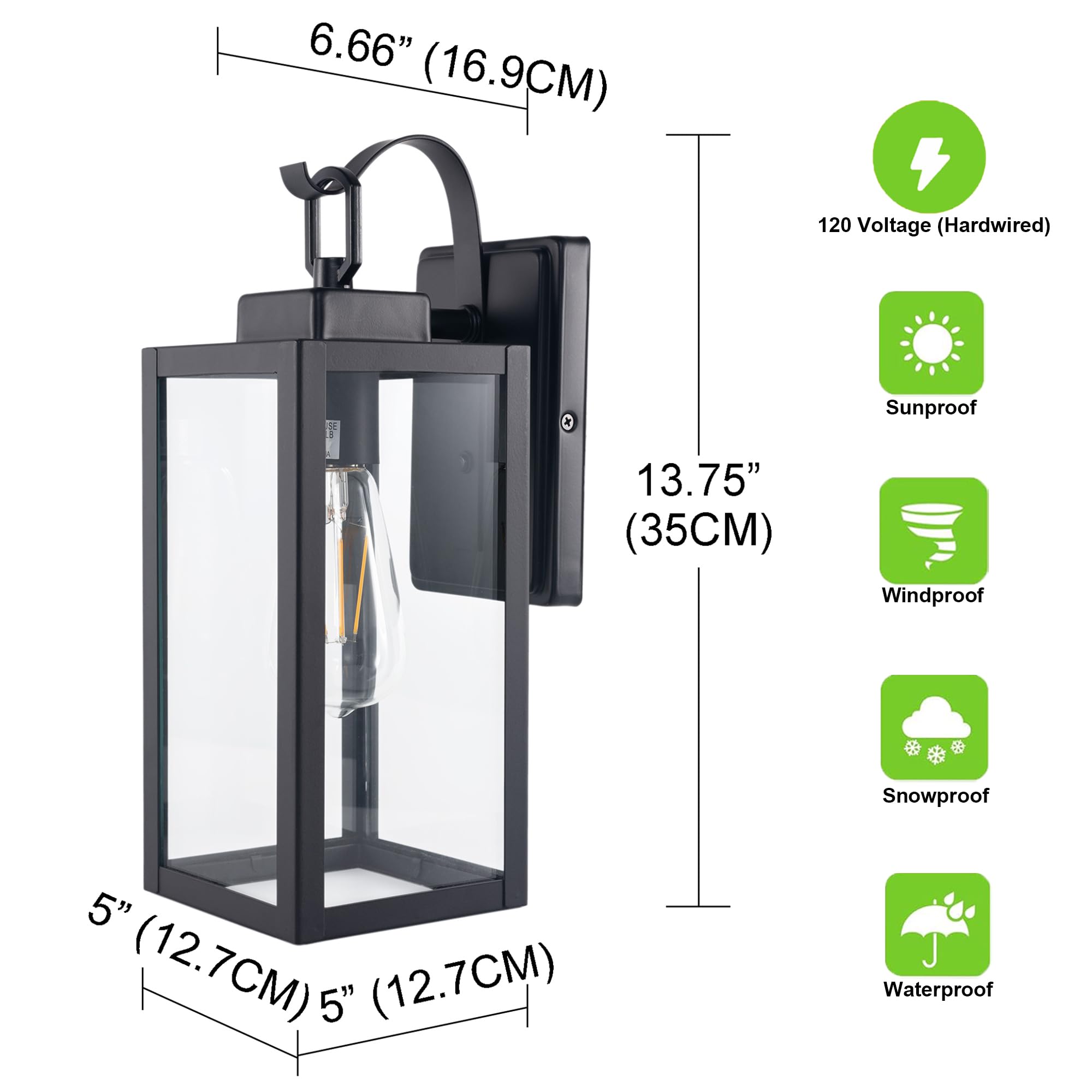 GRUENLICH Outdoor Wall Lantern Sconce, Matte Black, E26 Base, 60W Max, 13.75 Inch, Anti-rust Metal, Model GR-WL004