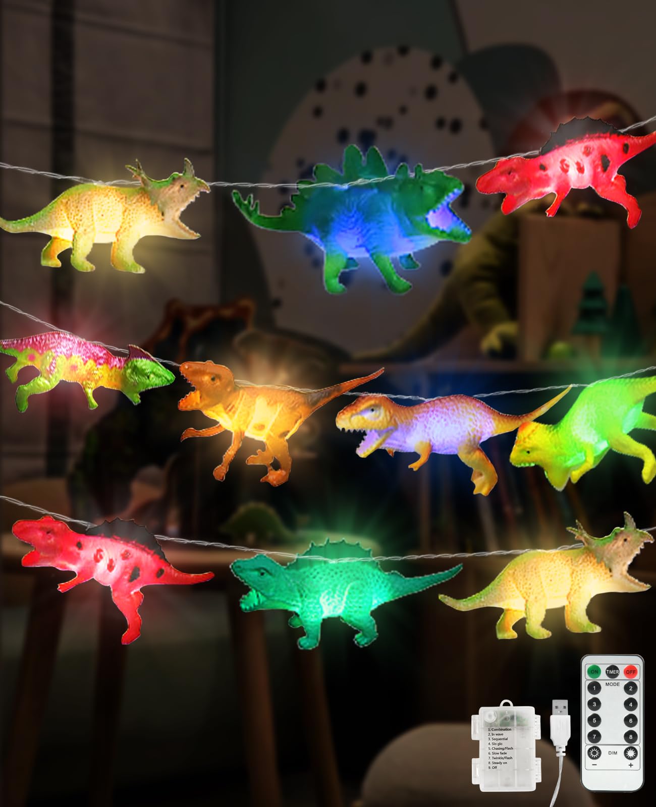 AceList Christmas Dinosaur String Lights 20 LED 10FT for Kids with Remote & USB, Realistic Looking Dino Lights for Birthday and 