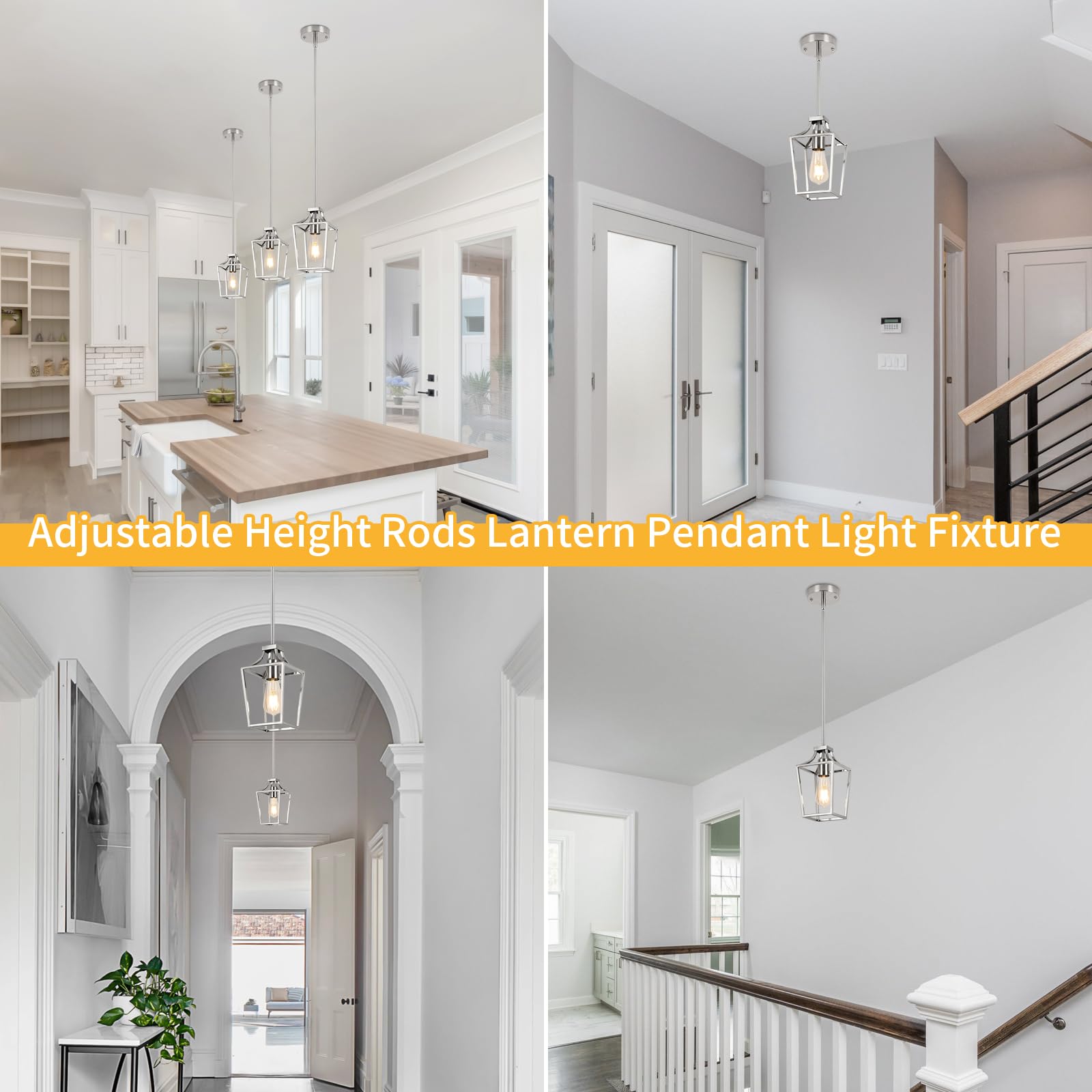 Foucasal Brushed Nickel Pendant Light Lantern Pendant Lights For Kitchen Island Mini Pendant Light Fixture, Adjustable Rods Farm
