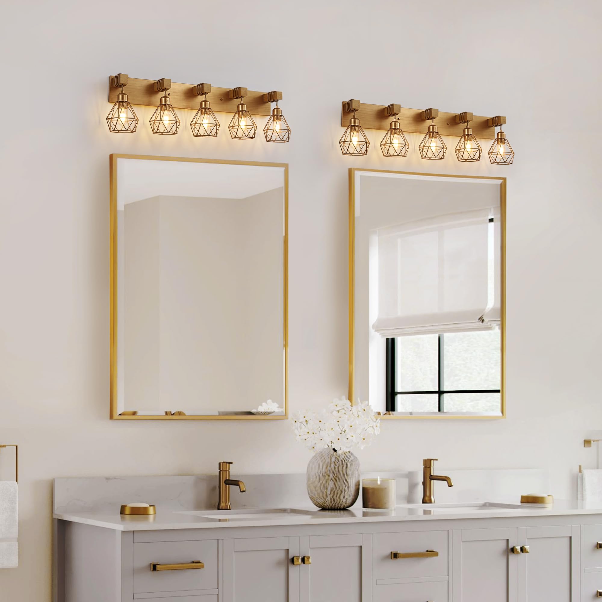 Bathroom Gold Vanity Light Fixtures  5-Light Gold Bathroom Light Fixtures Over Mirror  Sconces Wall Lighting With Elegant Metal Lampshade For Living Room  Bedroom  Hallway