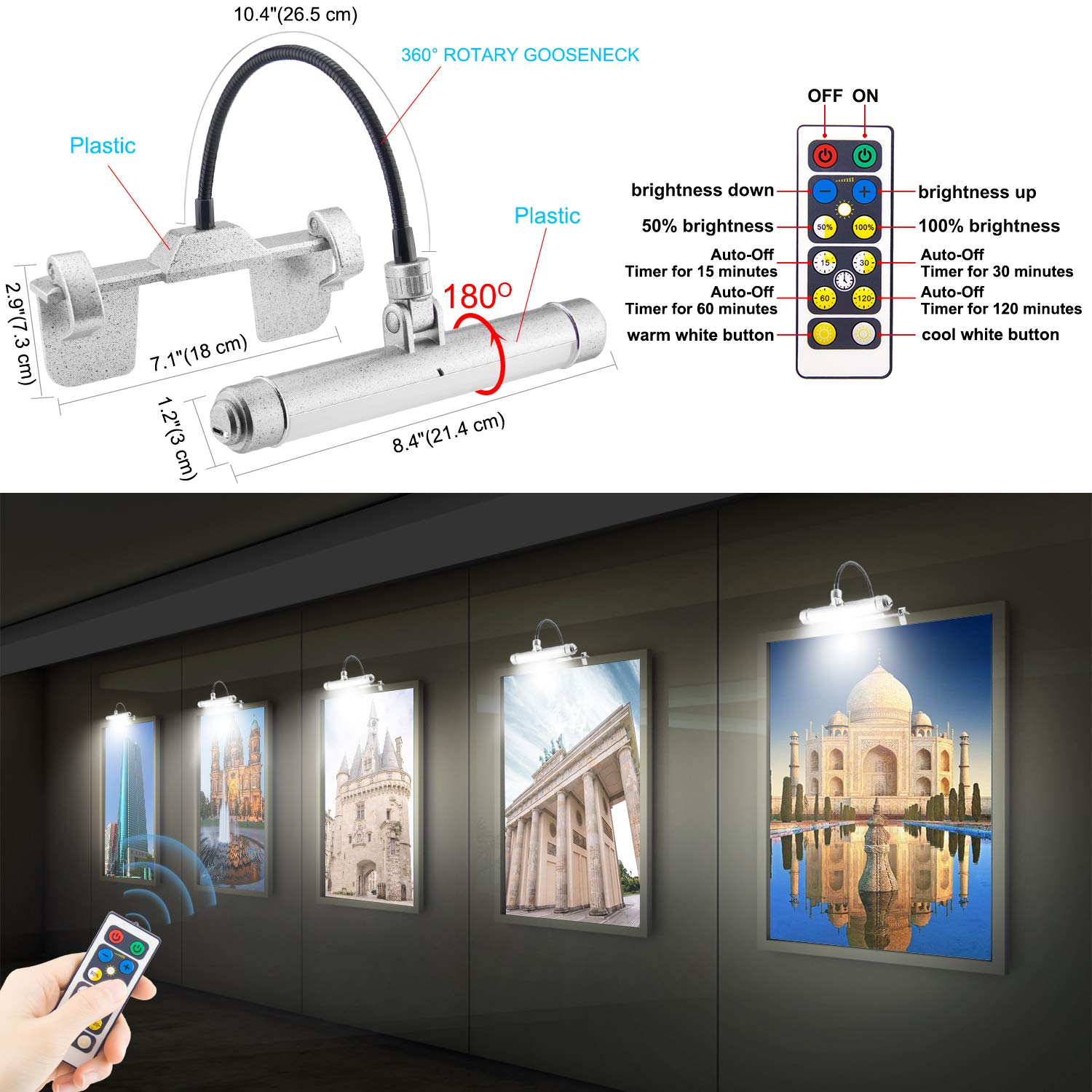 BIGMONAT USB Rechargeable Art Light - Wireless LED, Remote Control, Dimmable, 8.4 inch, Silver, Model B600-Silver