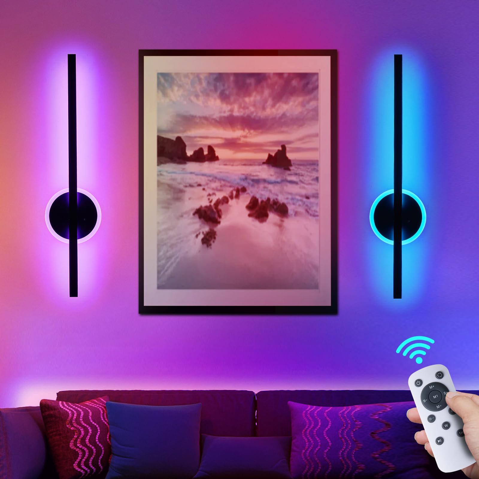 Lumiquesce Wall Sconces Set of 2, RGB LED Lights with Remote, 24 Inch, Black, Model 7105