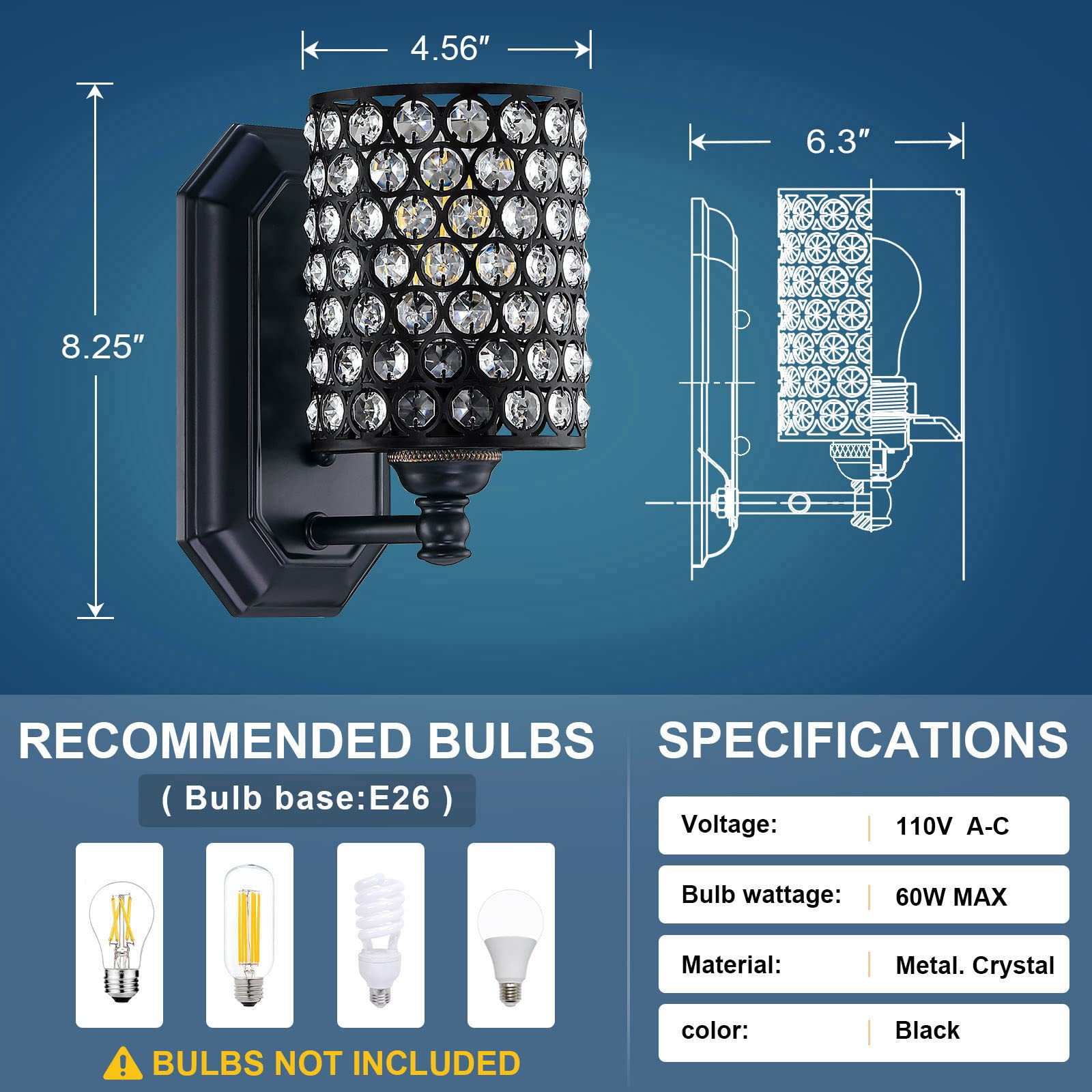 Doraimi Lighting 2 Pack Crystal Wall Sconce, 1 Light, Black Finish, Polyhedral Crystal Shade, Model 4009