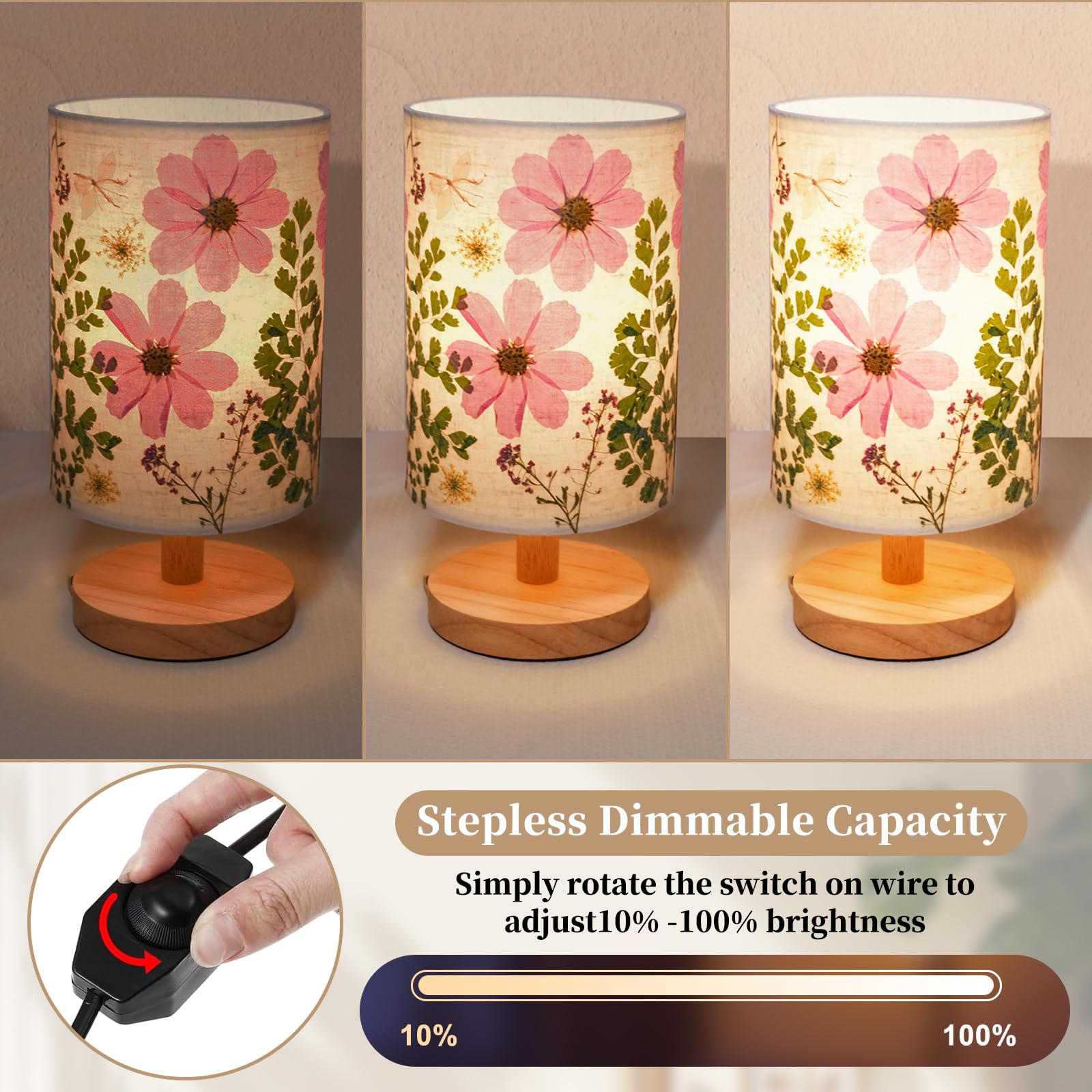 Floresita Dried Flowers Table Lamp 9W Led Dimmable Warm Light Pressed Flower Bedside Lamp Linen Shade With Wood Base For Bedroom