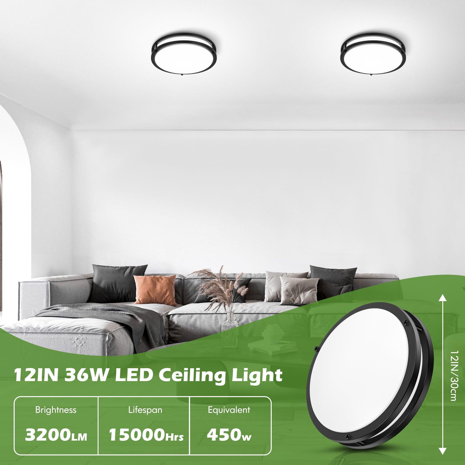 12 Inch Flush Mount Ceiling Lights, 36W 3200Lm Black Dimmable Light Fixtures Ceiling Mount, 3000K-5000K Selectable Modern Kitche