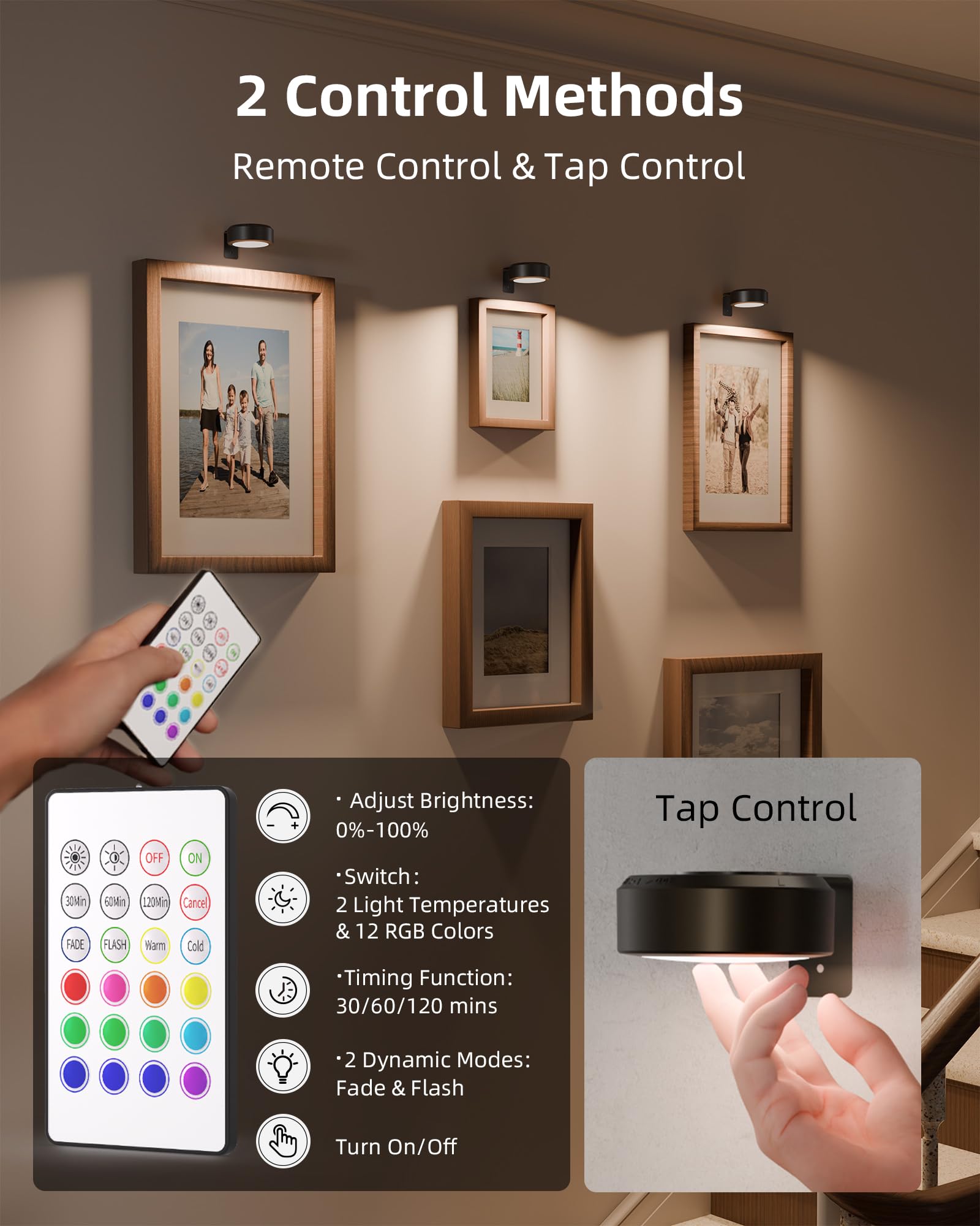 EZVALO Picture Lights - 2000mAh Rechargeable Magnetic Wall Lights, 3 Color Temps, Remote Dimmable, 6 Pack, Black, Model LT-01