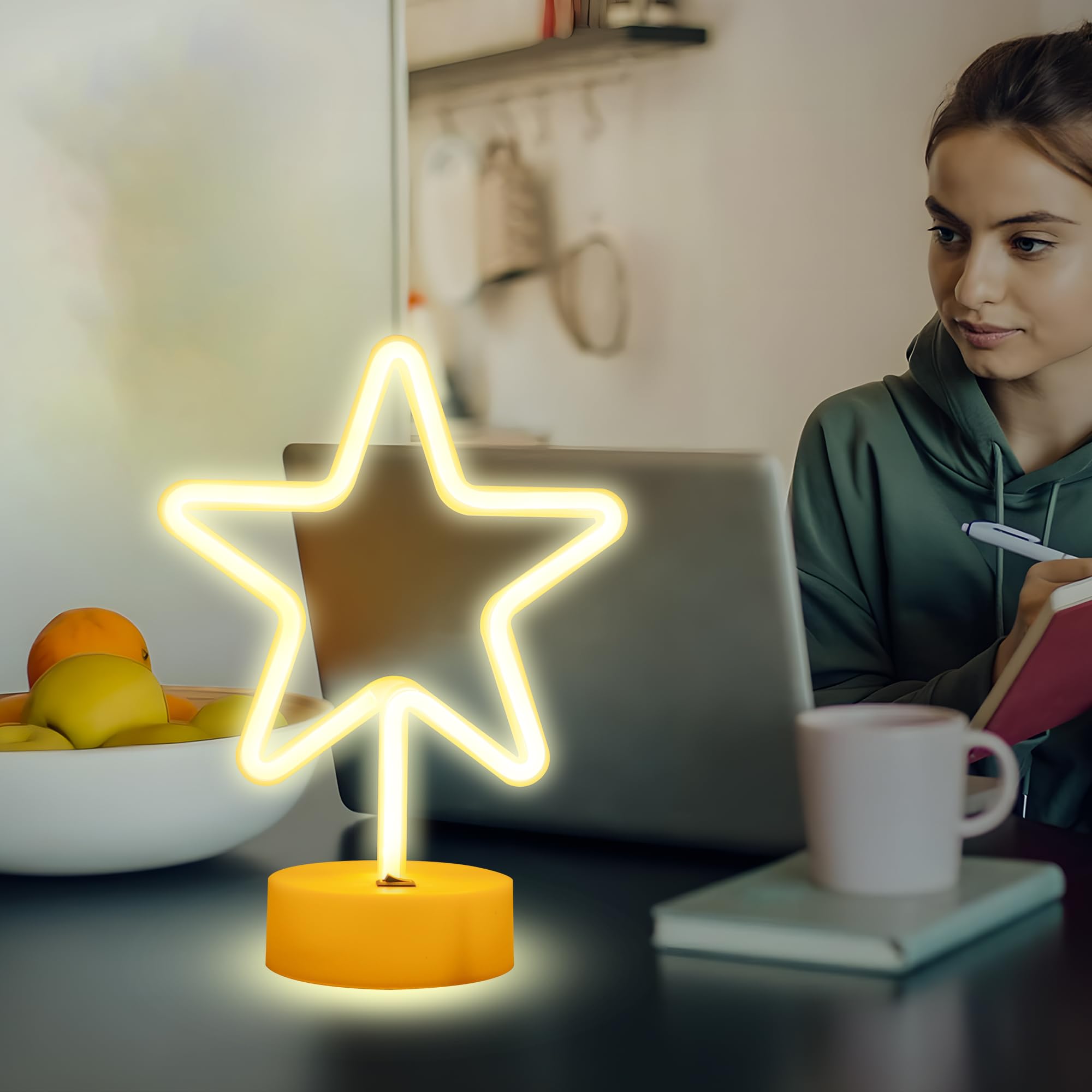 Enuoli Warm White Star Shaped Led Neon Light Lamp With Base Battery Operated Usb Powered Led Star Neon Sign Home Christmas Decor