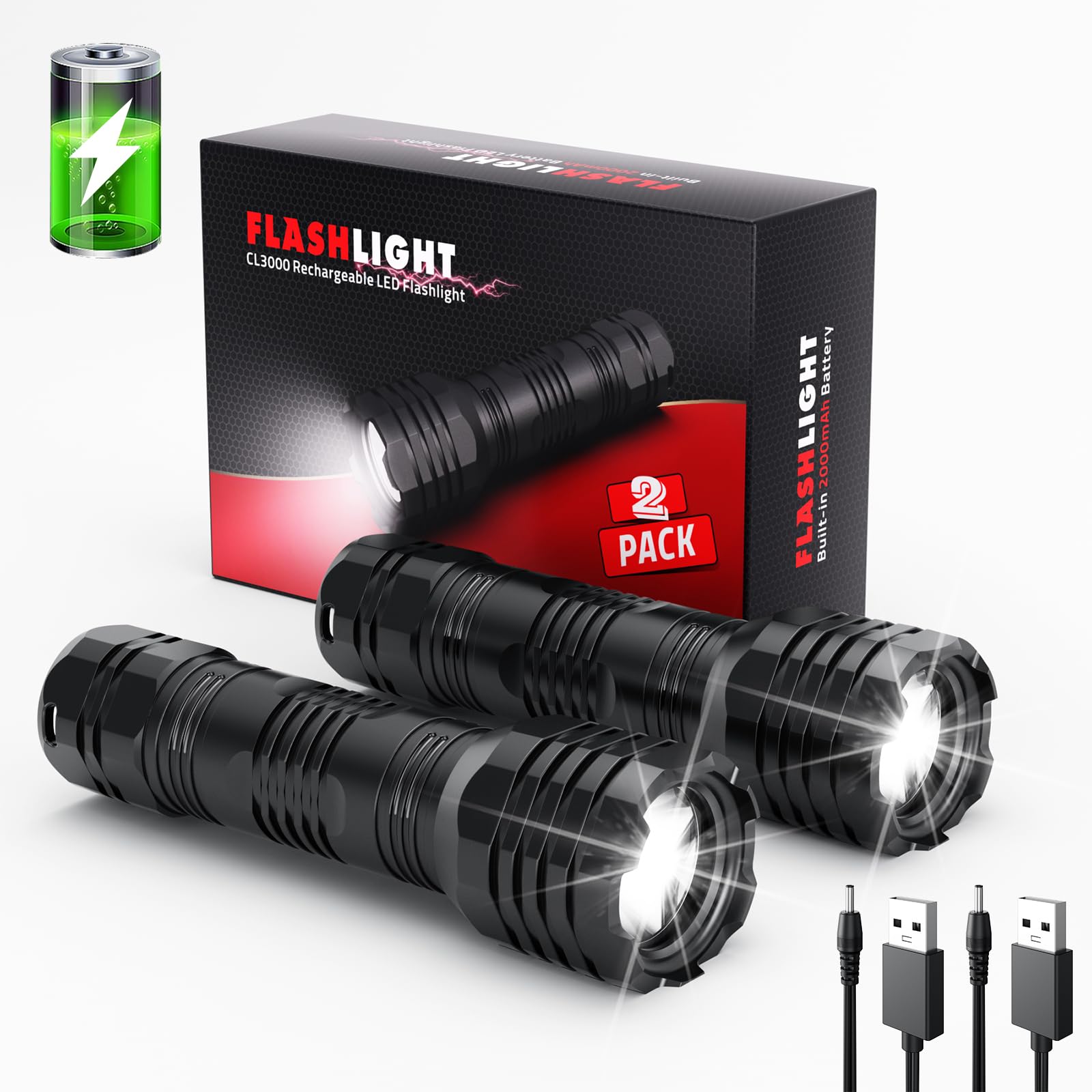 Mesqool 2 Pack Rechargeable Flashlights, 400 Lumens, IP68 Waterproof, 5 Lighting Modes, Mini Size, Black, Model CL3000