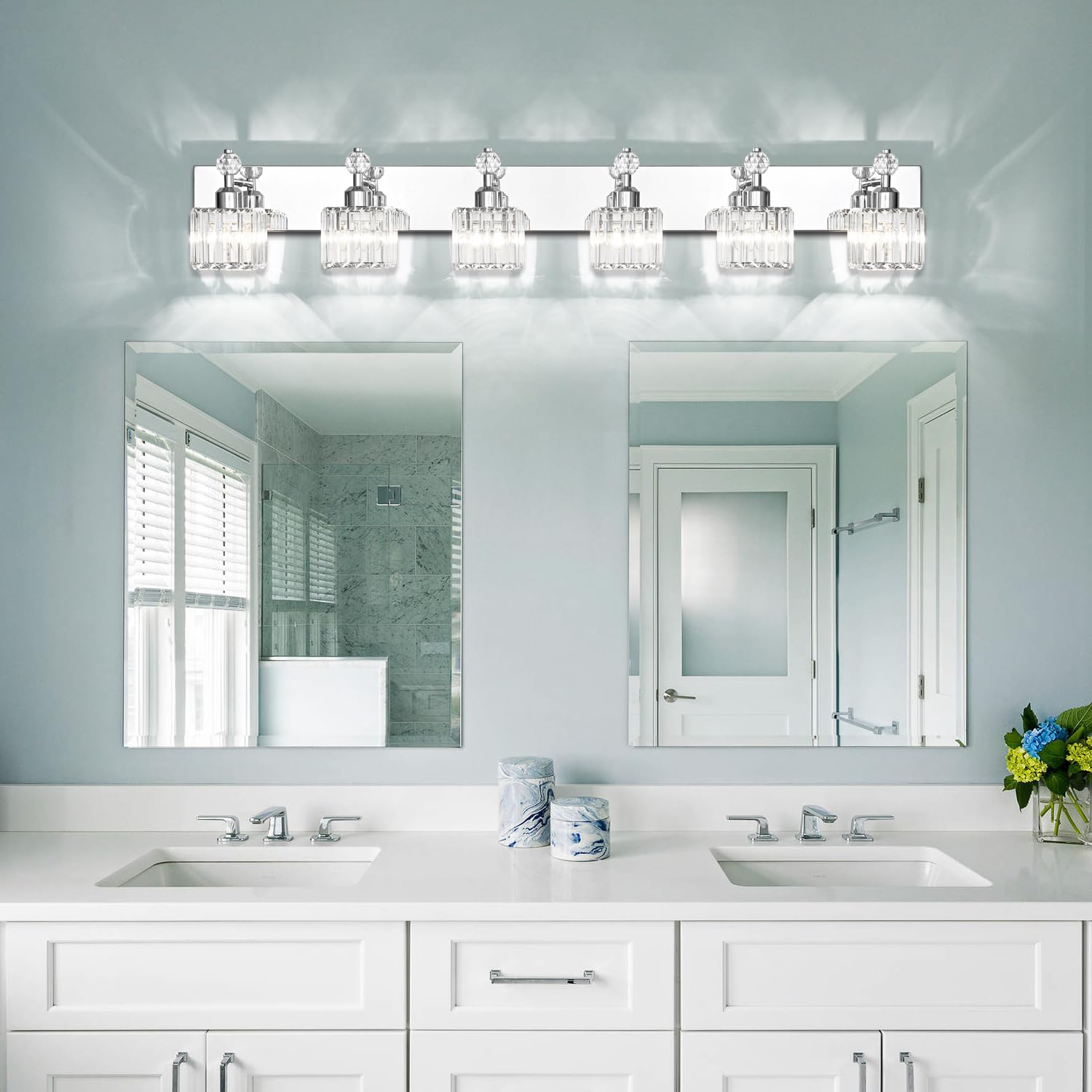 PRESDE 6-Light Chrome Modern Bath Vanity Light Wall Fixture - Stainless Steel, Crystal, Over Mirror