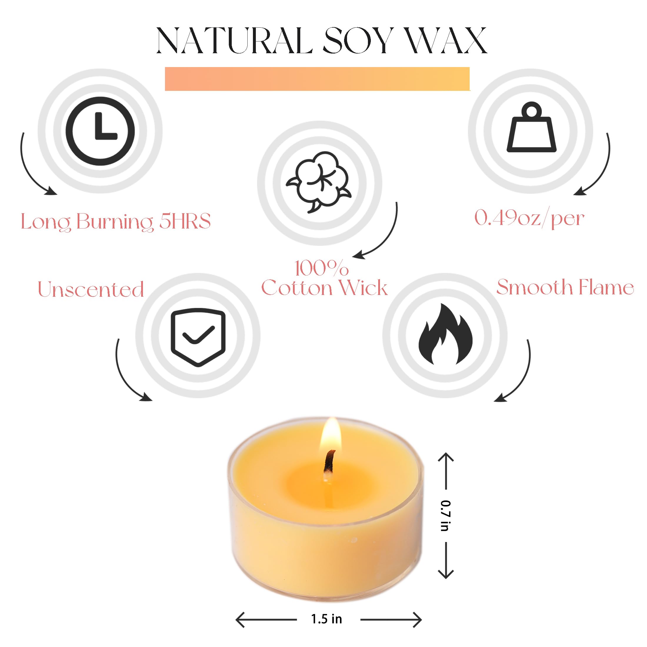 MUUFAZA 12 Unscented Natural Soy Tealight Candles in Clear Cups, 5H Long Clean Burning, Hand-Poured Yellow Mini Tea Candle Set f