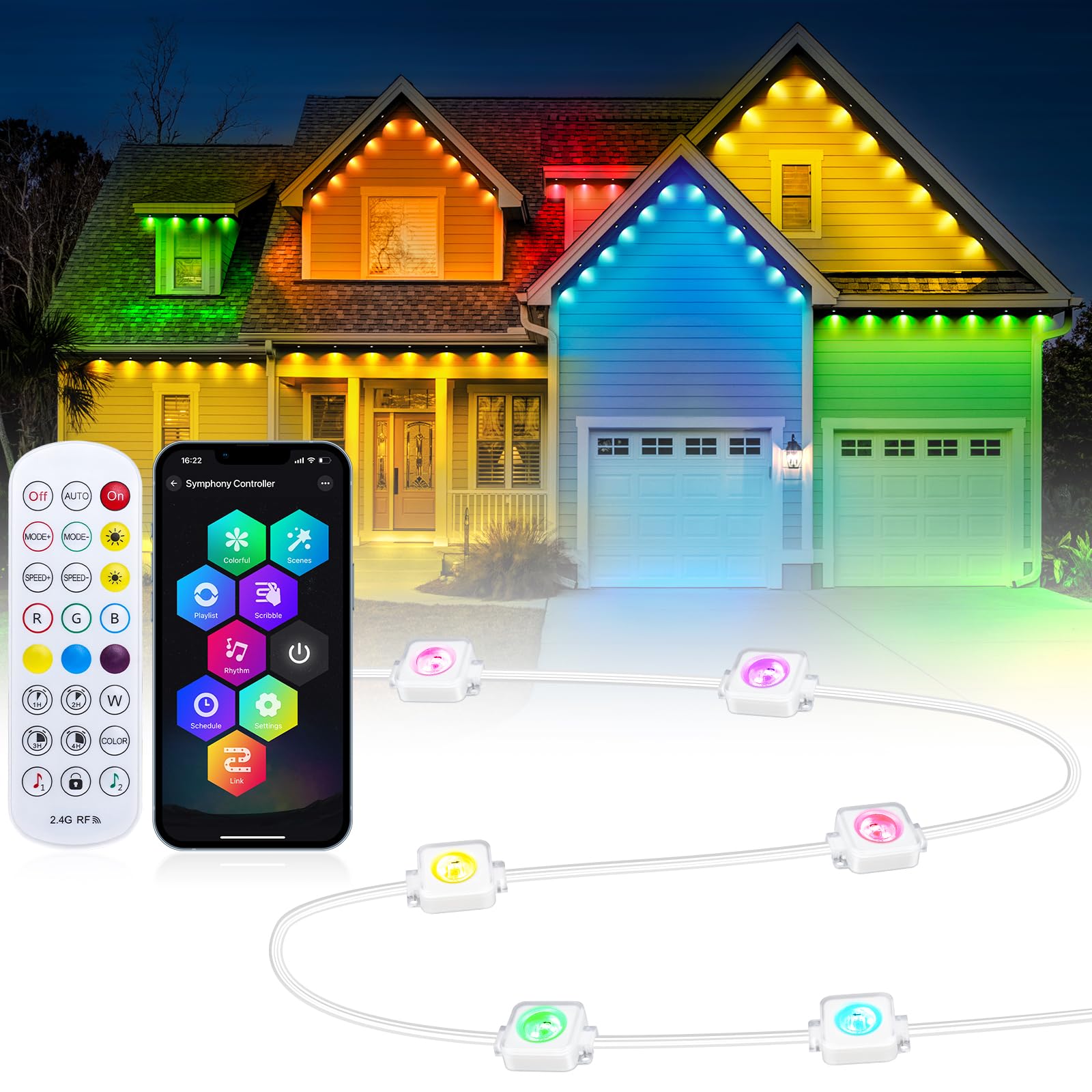 REYLAX RGB Permanent Outdoor Lights 100ft 60 LEDs Eaves Lights, Dimmable IP67 Waterproof Smart Christmas Lights for Outdoor Deco