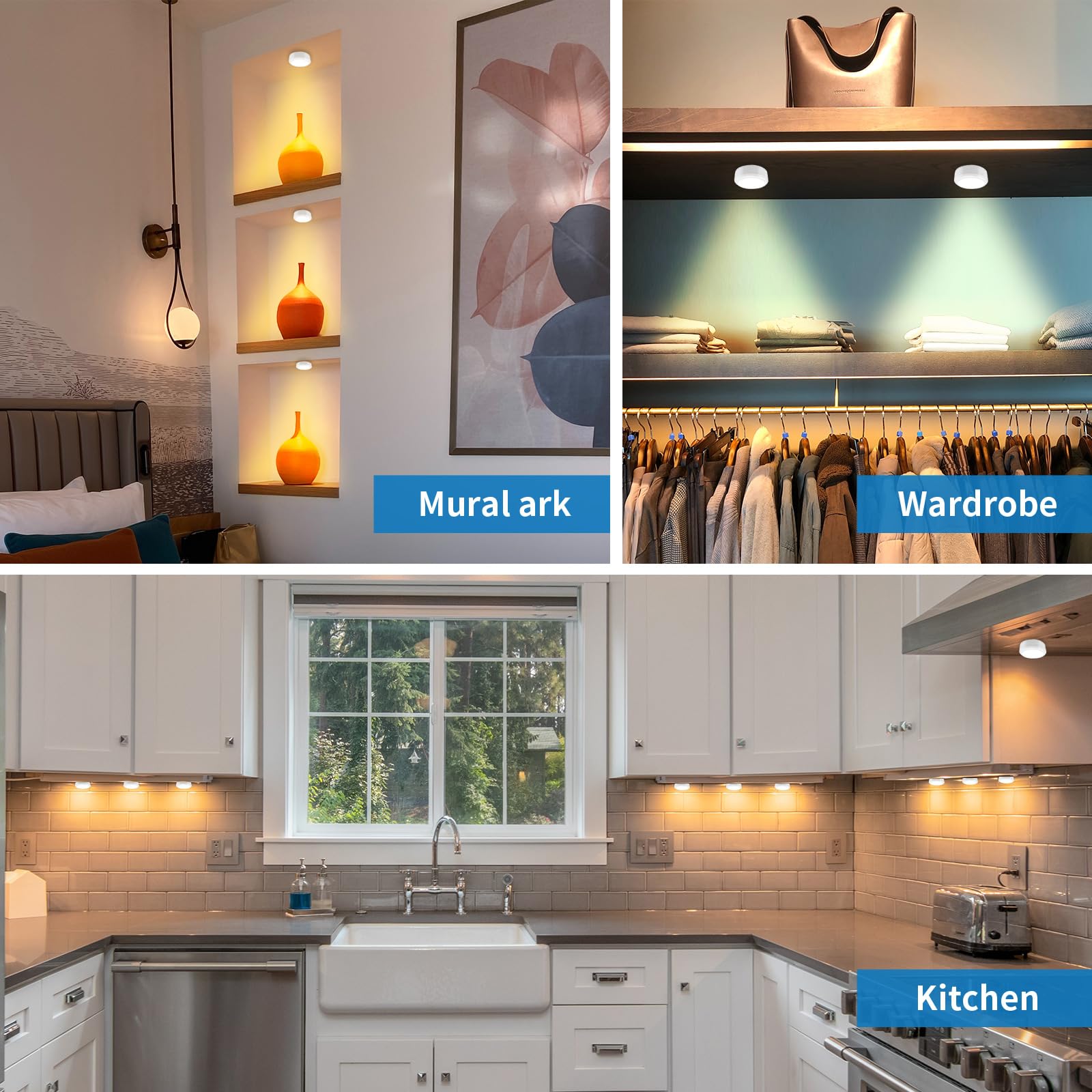 Leastyle Puck Lights With Remote, Battery Operated Under Cabinet Lighting With Dimmable Timer, 3000K Stick-On Closet Light Under