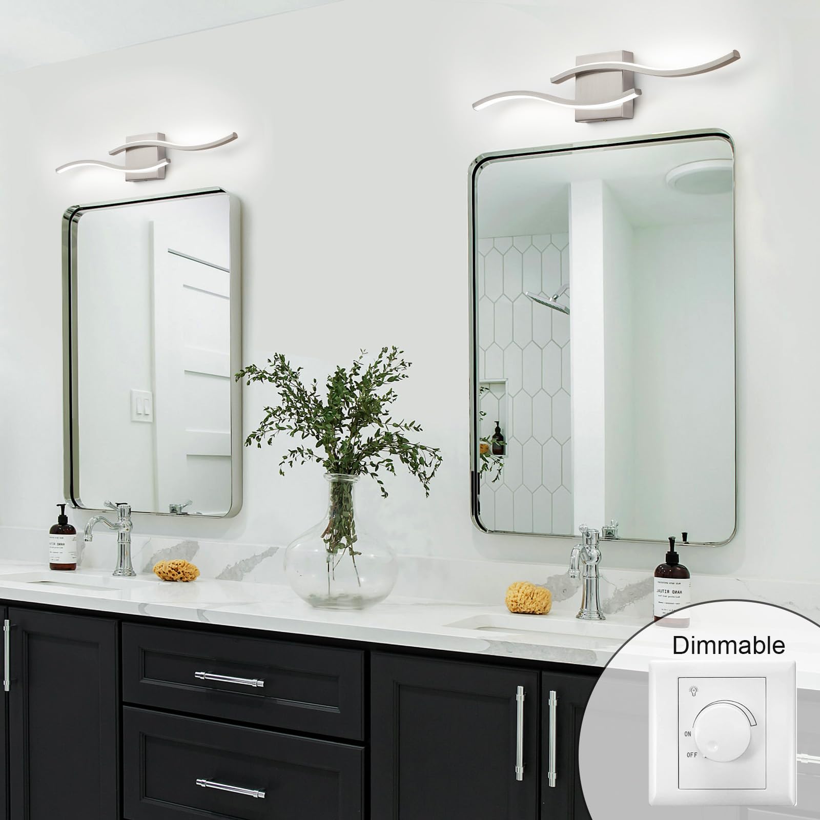 Huoku Modern Bathroom Light Fixtures  23.6Inch Dimmable Brushed Nickel Bathroom Vanity Lights Over Mirror  15W Aluminum Wall Sconce Lighting Fixtures For Living Room 6000K White Light